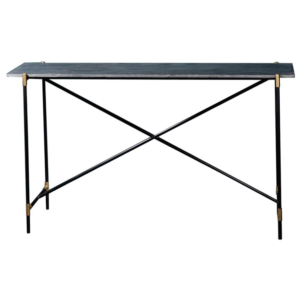 1960s-1970s Style Black Marble Black Lacquered Metal and Brass Console Table For Sale