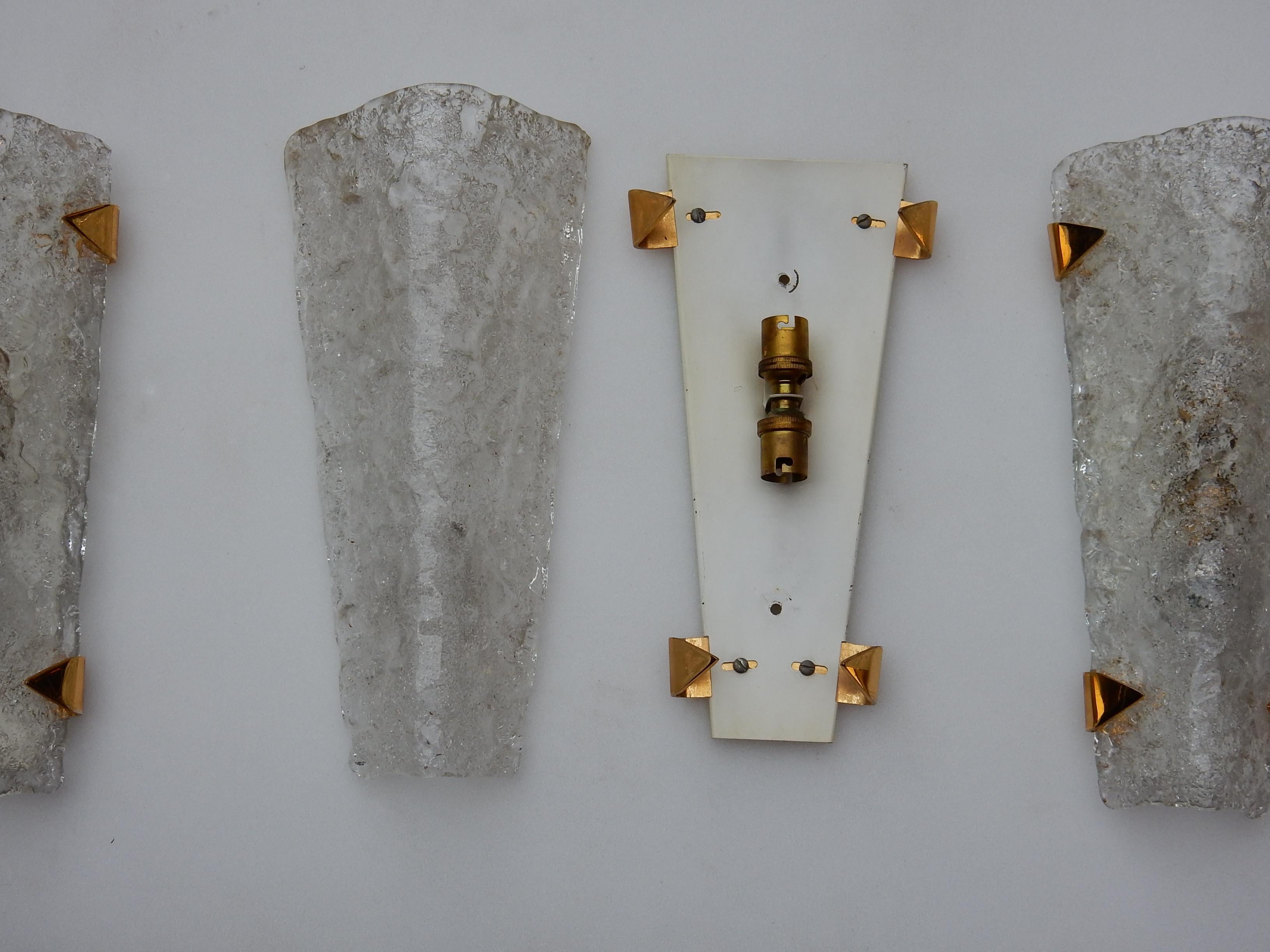 Italian 1960s-1970s Three Sconces Murano Glass and Brass Gilded