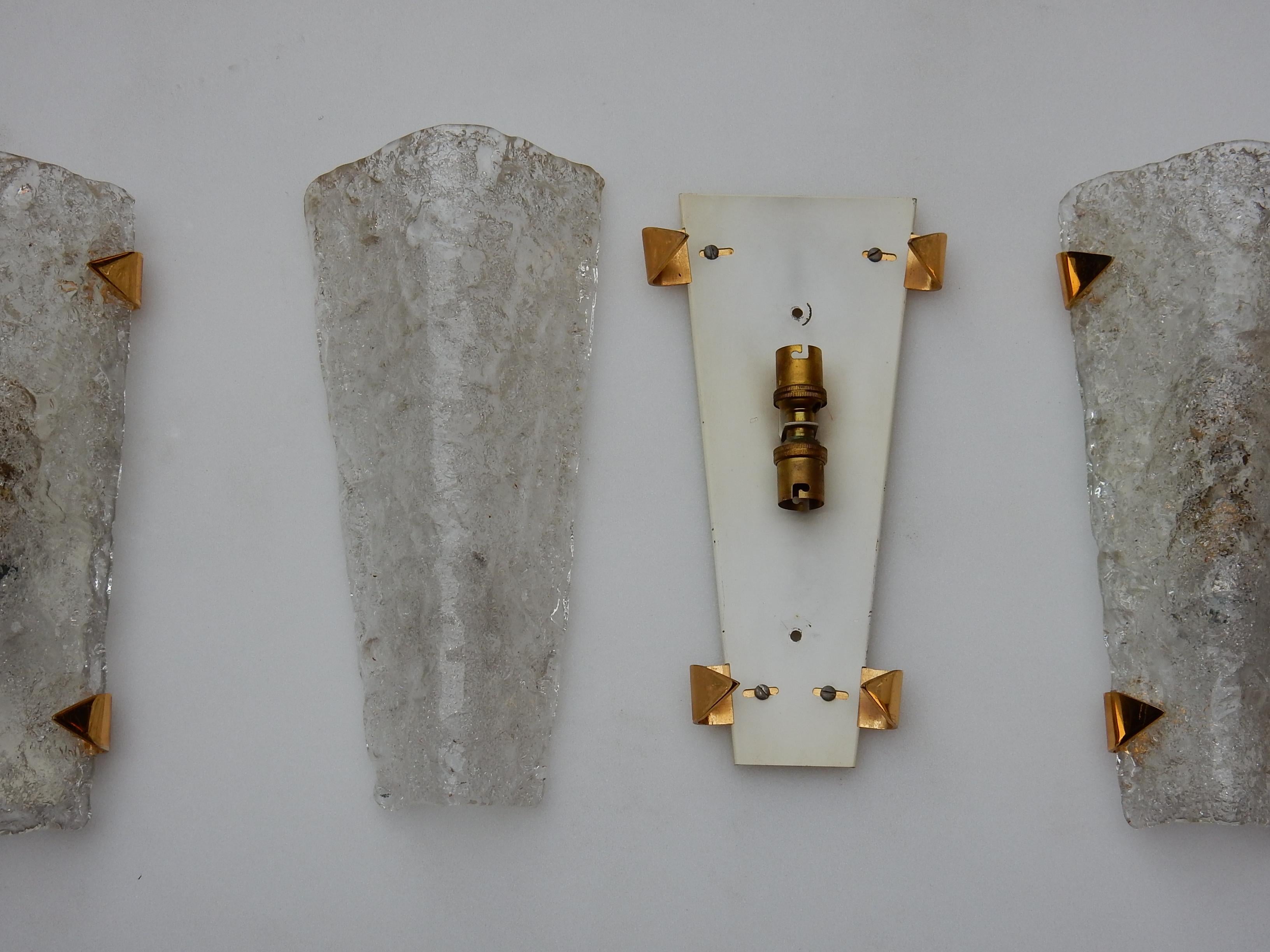 Forged 1960s-1970s Three Sconces Murano Glass and Brass Gilded