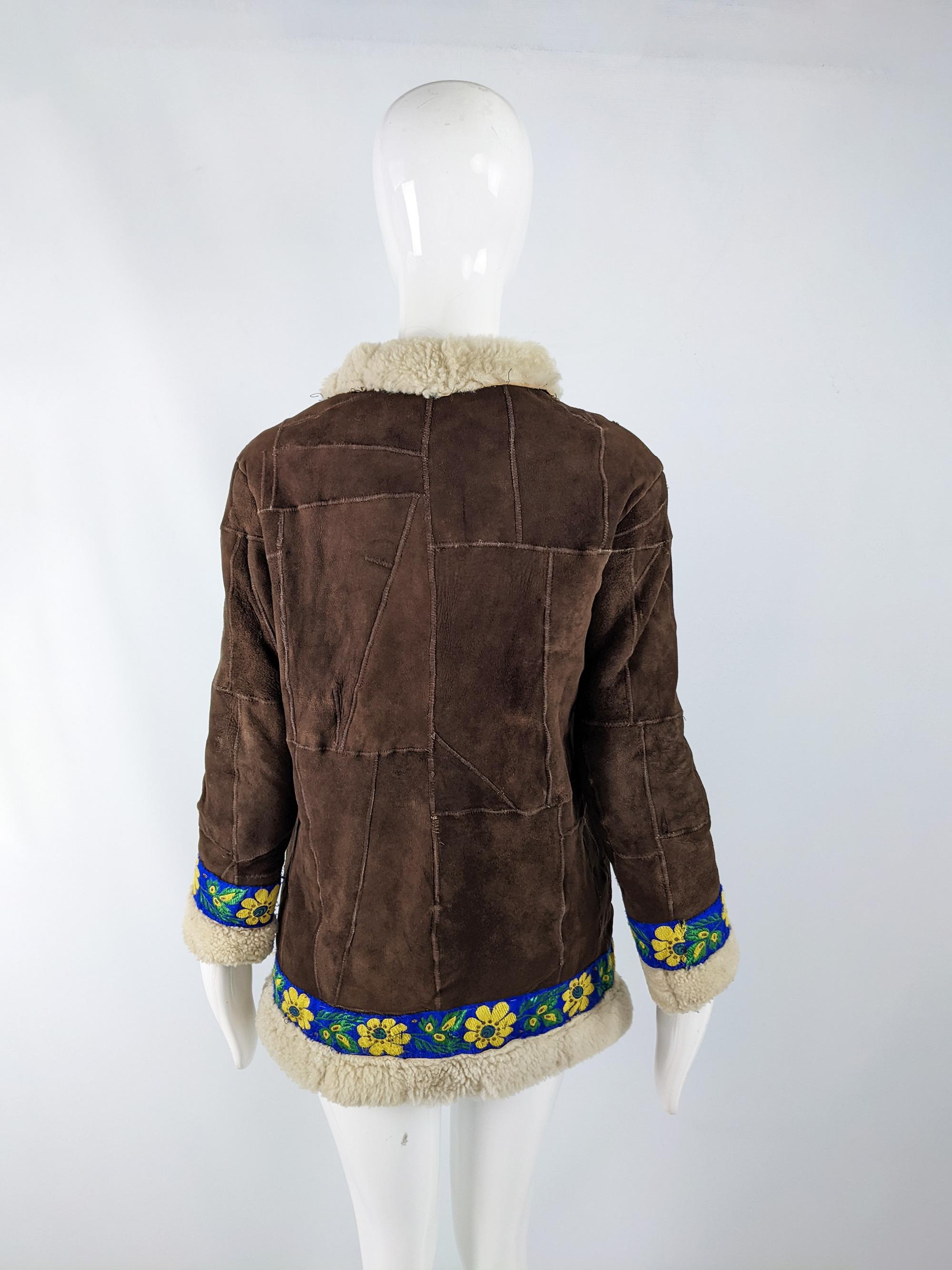 Black 1960s 1970s Vintage Brown Sheepskin & Shearling Embroidered Boho Afghan Coat