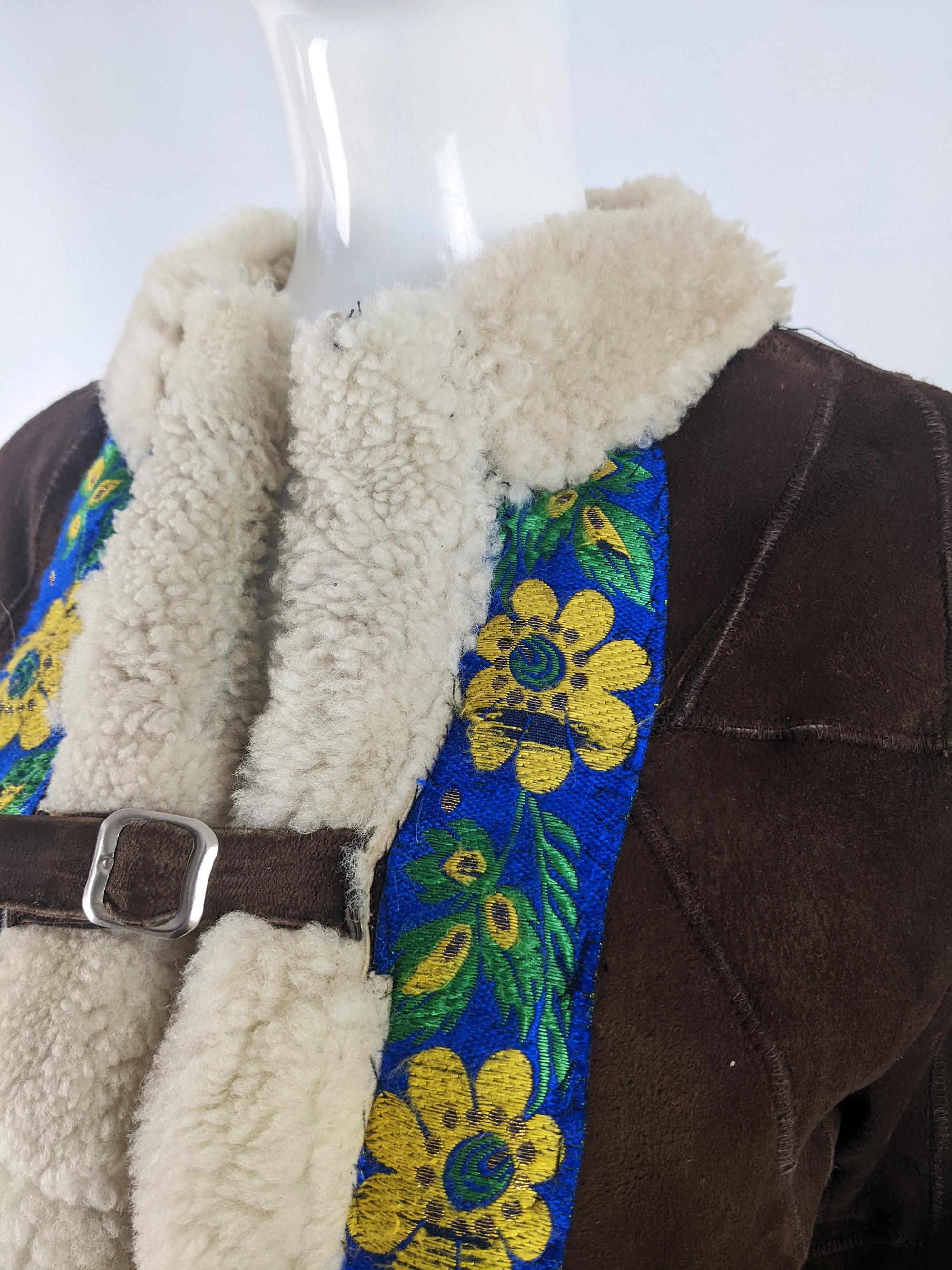 1960s 1970s Vintage Brown Sheepskin & Shearling Embroidered Boho Afghan Coat 1