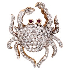 1960s 2 Carat Diamond and Ruby Crab Brooch in Platinum and 14 Karat Gold
