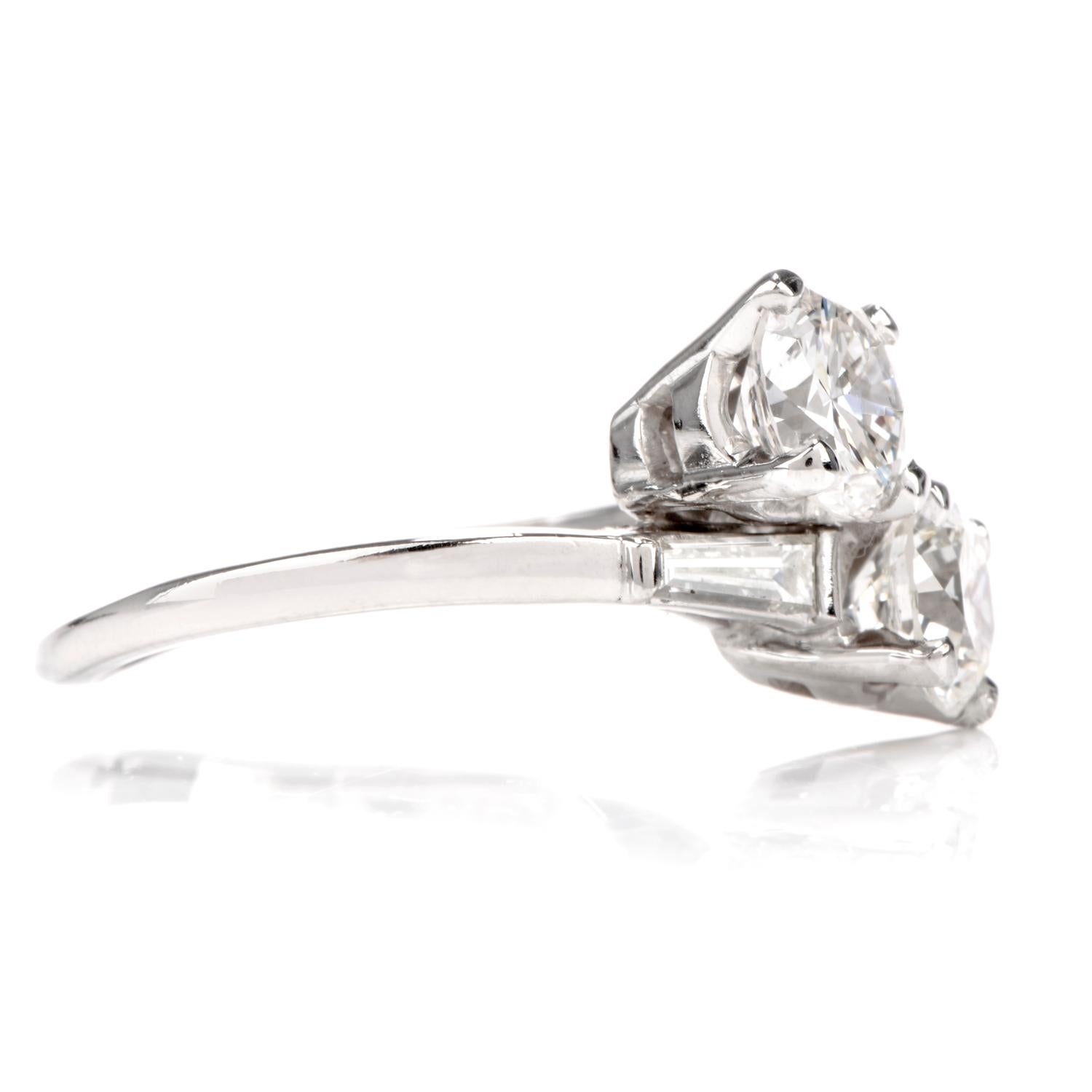 Round Cut 1960s 2 Diamond Platinum Bypass Cocktail Engagement Ring