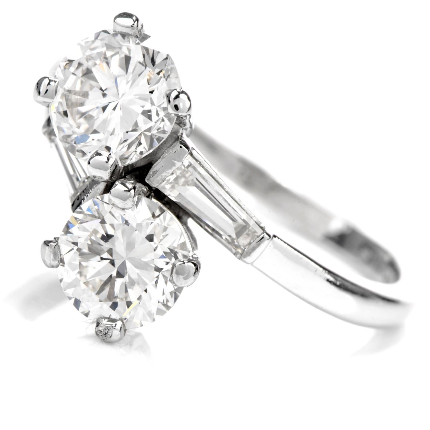 Women's or Men's 1960s 2 Diamond Platinum Bypass Cocktail Engagement Ring