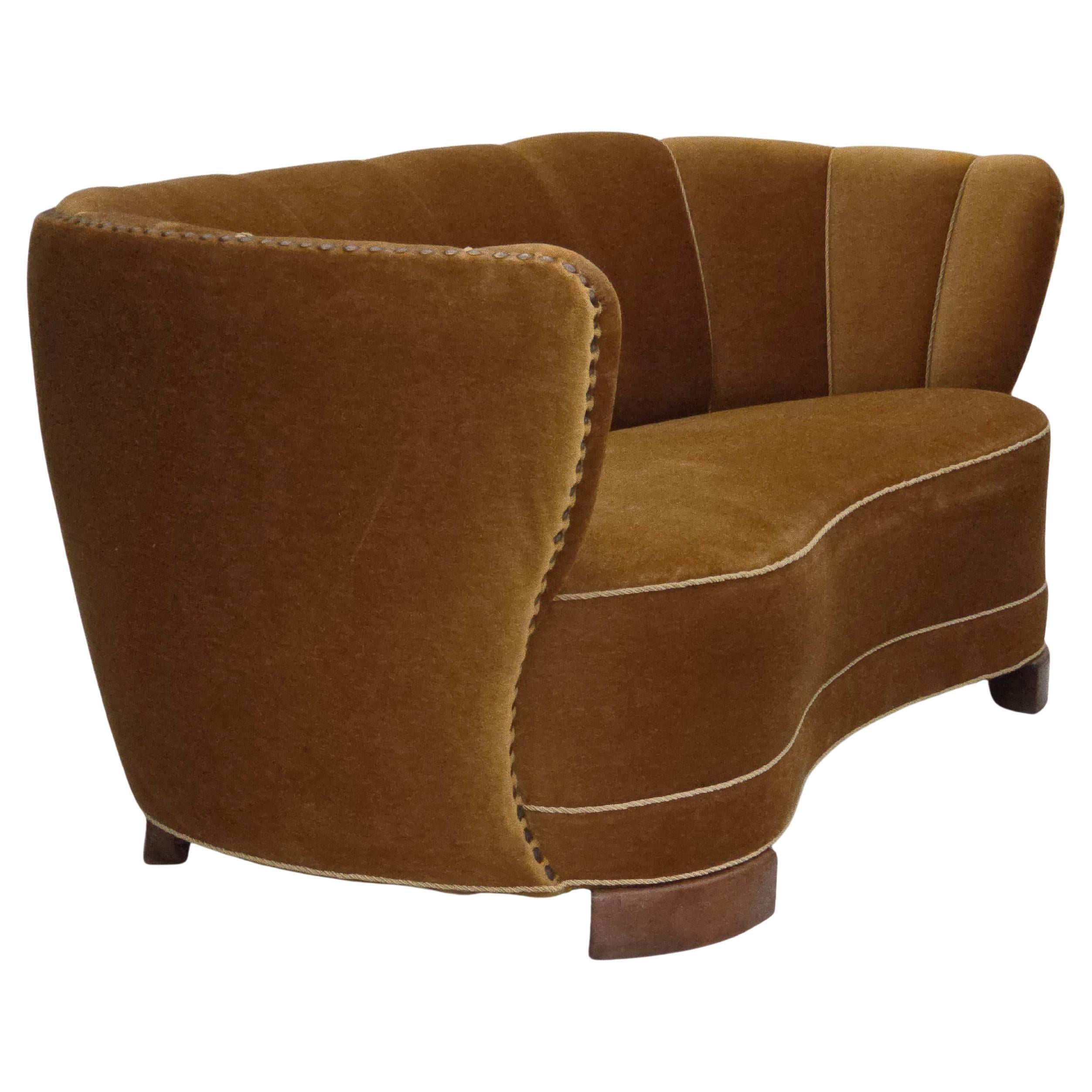 1960s, 2-seater Danish "Banan" sofa, original olive/green furniture velour.