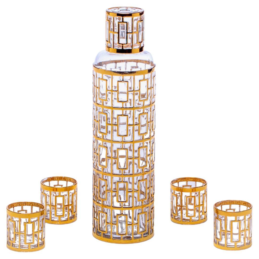 1960s 22k Gold Shoji Sake Bottle & Glasses Set by Imperial Glass Co.