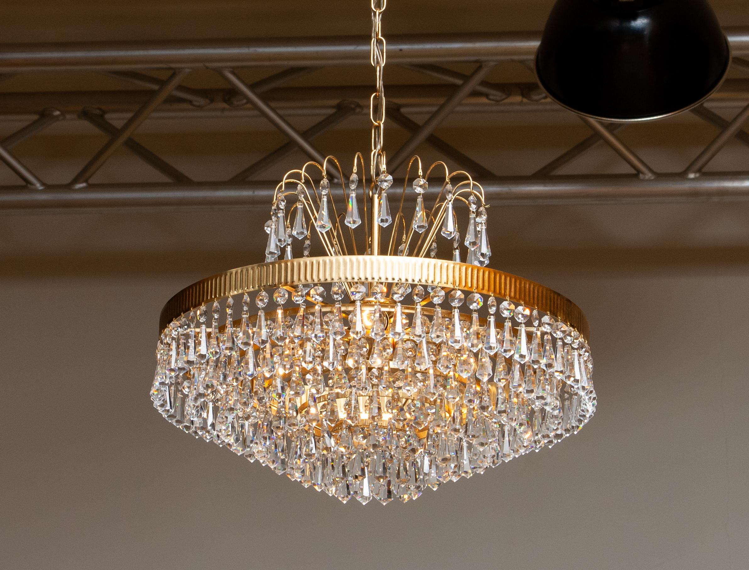 Neoclassical Revival 1960s, 24-Carat Gold-Plated and Faceted Crystal Chandelier by Rejmyre, Sweden