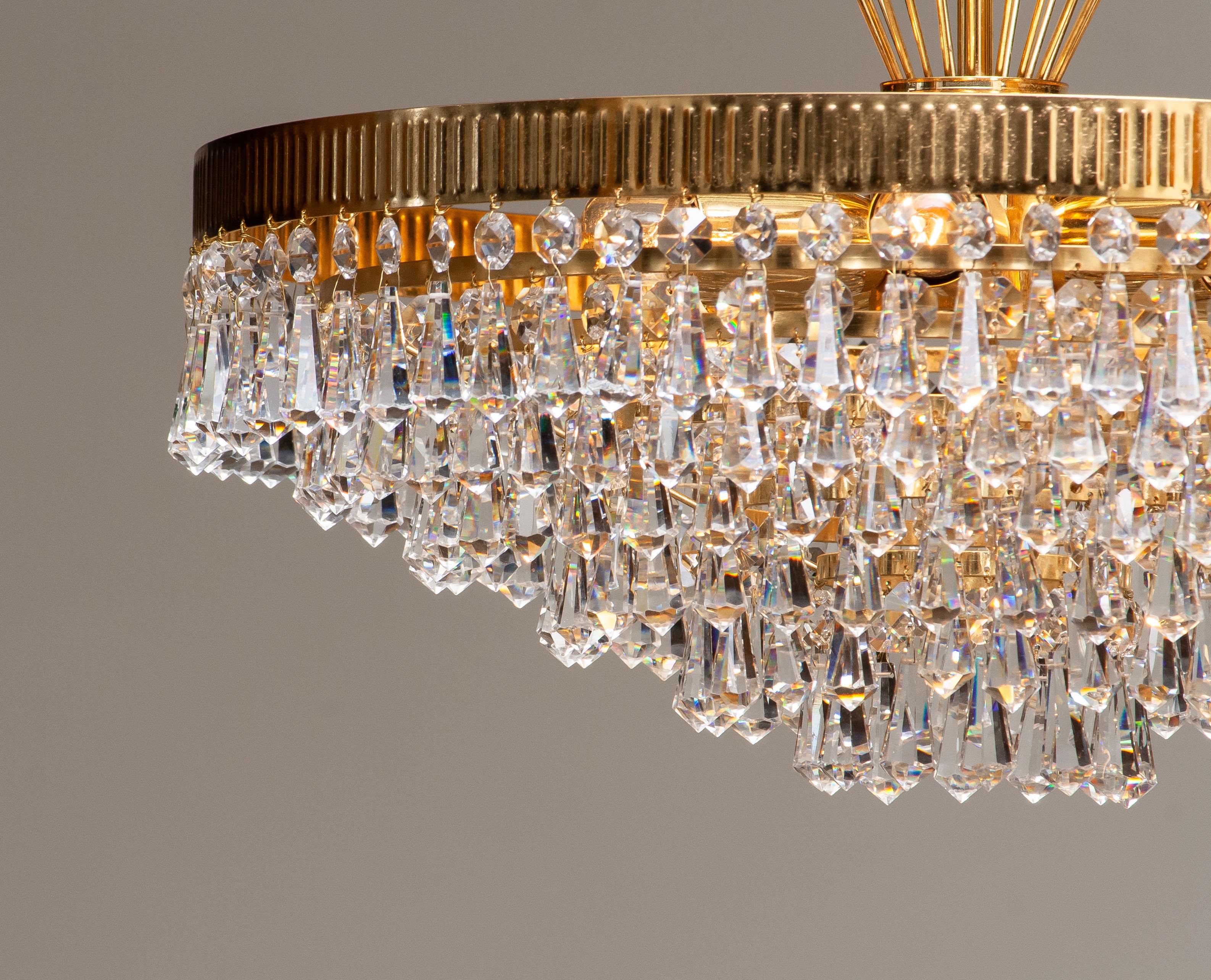Swedish 1960s, 24-Carat Gold-Plated and Faceted Crystal Chandelier by Rejmyre, Sweden