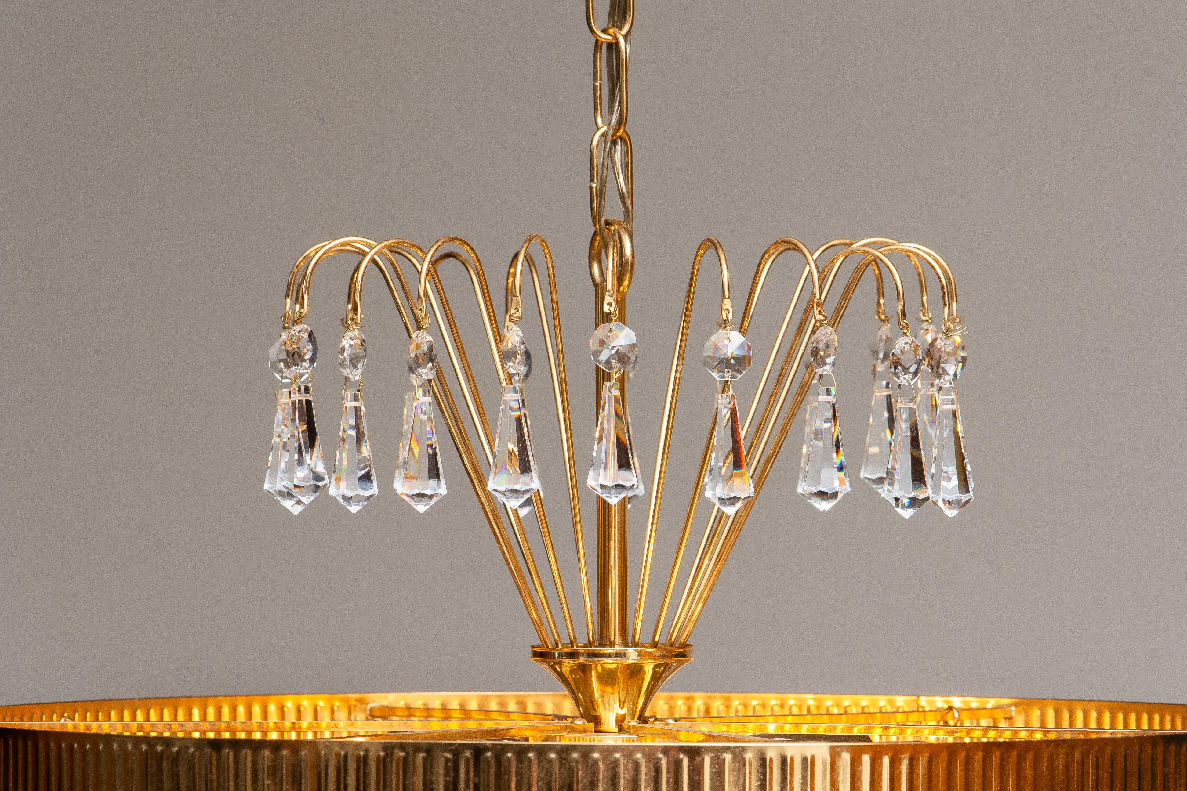 Swedish 1960s, 24-Carat Gold-Plated and Faceted Crystal Chandelier by Rejmyre, Sweden For Sale