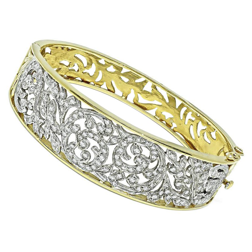 1960s 2.50ct Diamond 14k Yellow and White Gold Bangle