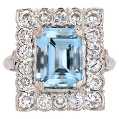 1960s 2.56 Carats Aquamarine Diamond 18 Karat White Gold Rectangular Shape Ring