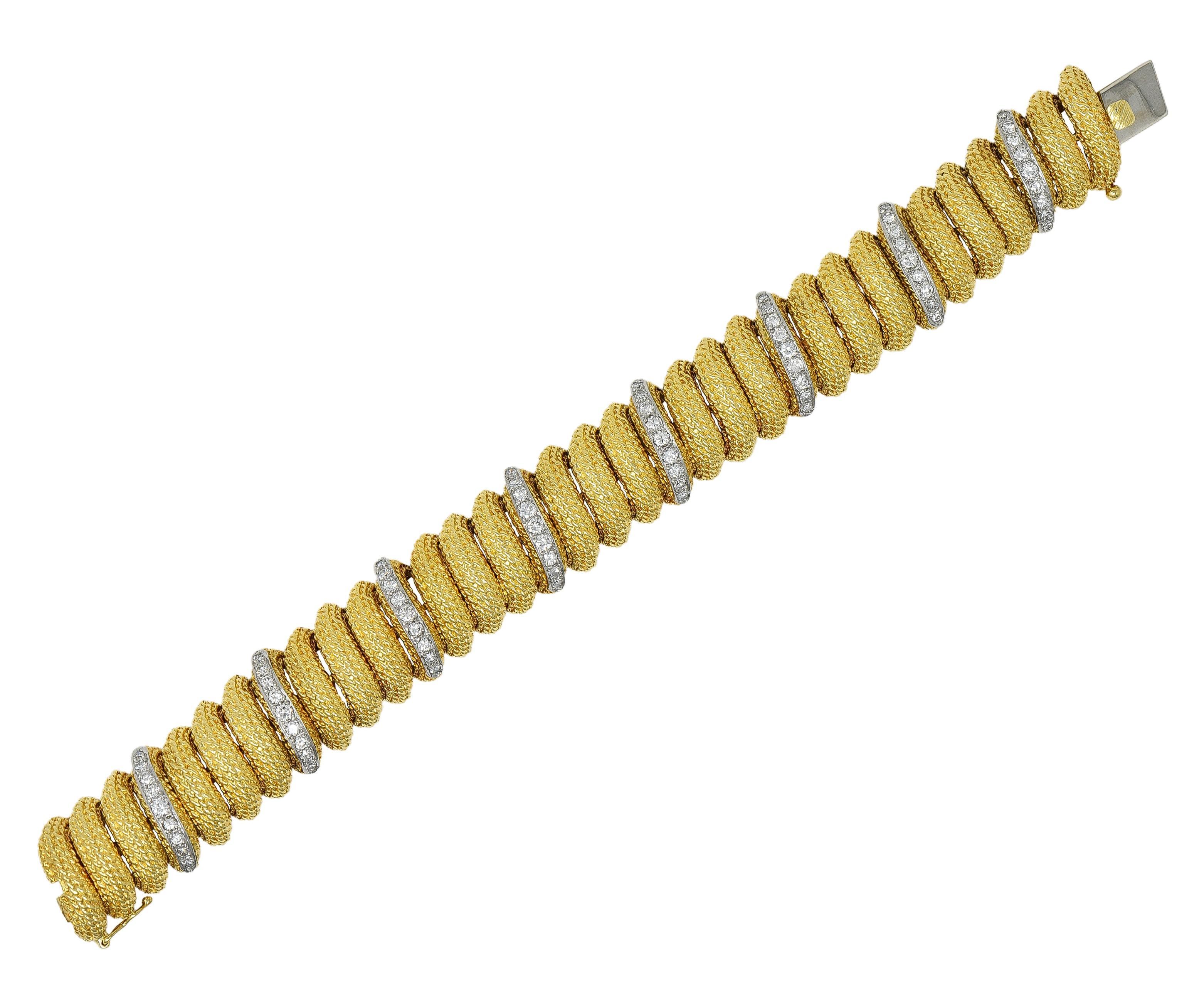 Taille brillant 1960's 2.80 CTW Diamond Platinum 18K Gold Vintage Woven Twist Link Bracelet en vente
