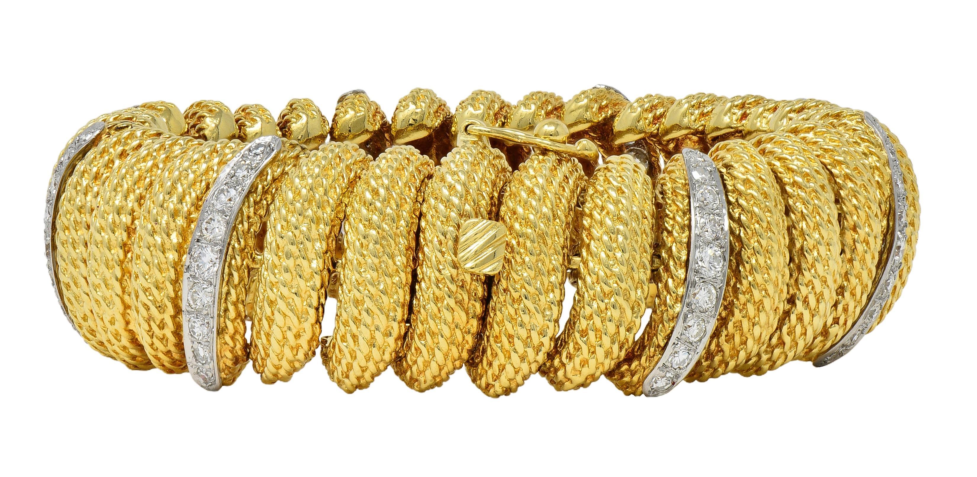 1960's 2.80 CTW Diamond Platinum 18K Gold Vintage Woven Twist Link Bracelet en vente 1