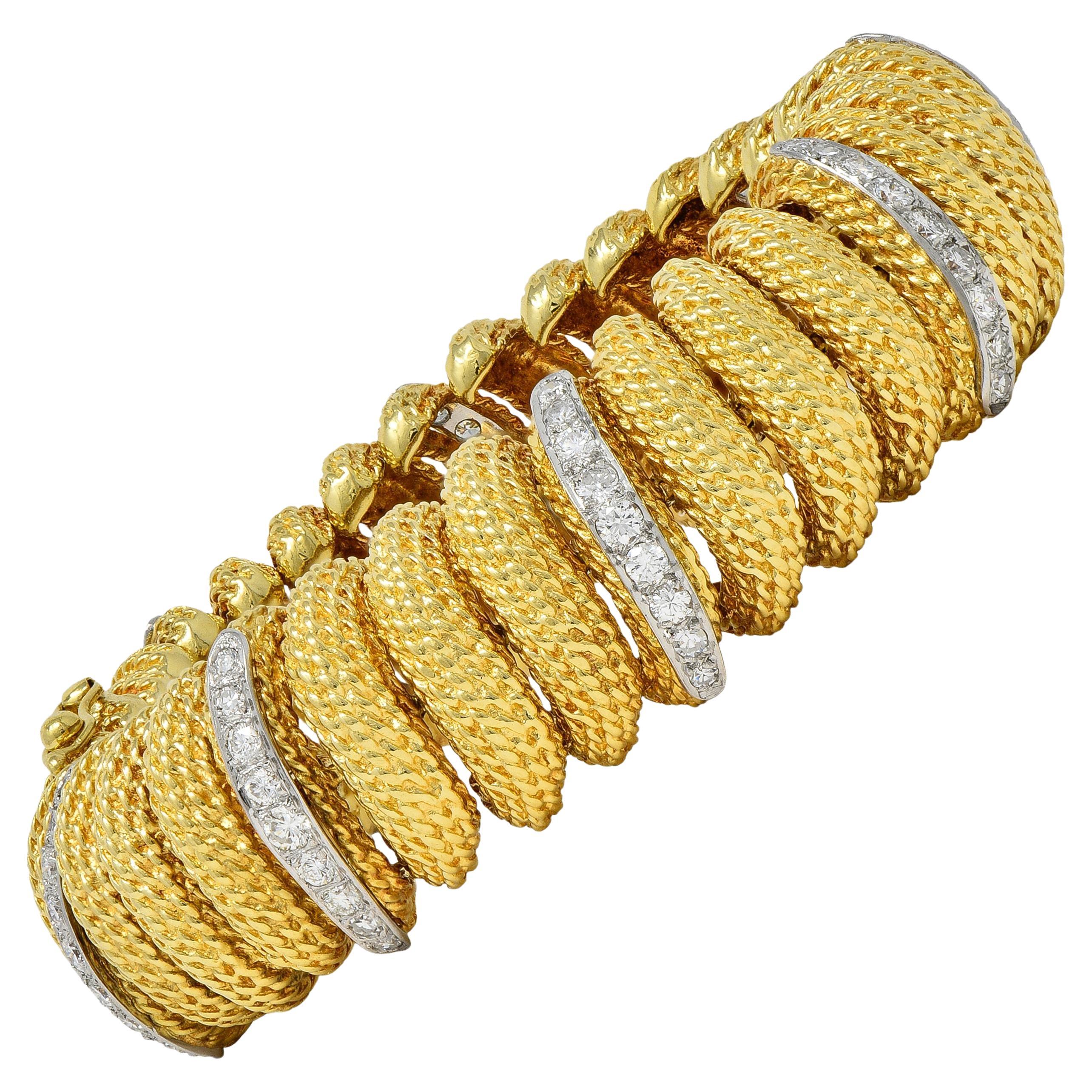 1960
s 2.80 CTW Diamond Platinum 18K Gold Vintage Woven Twist Link Bracelet