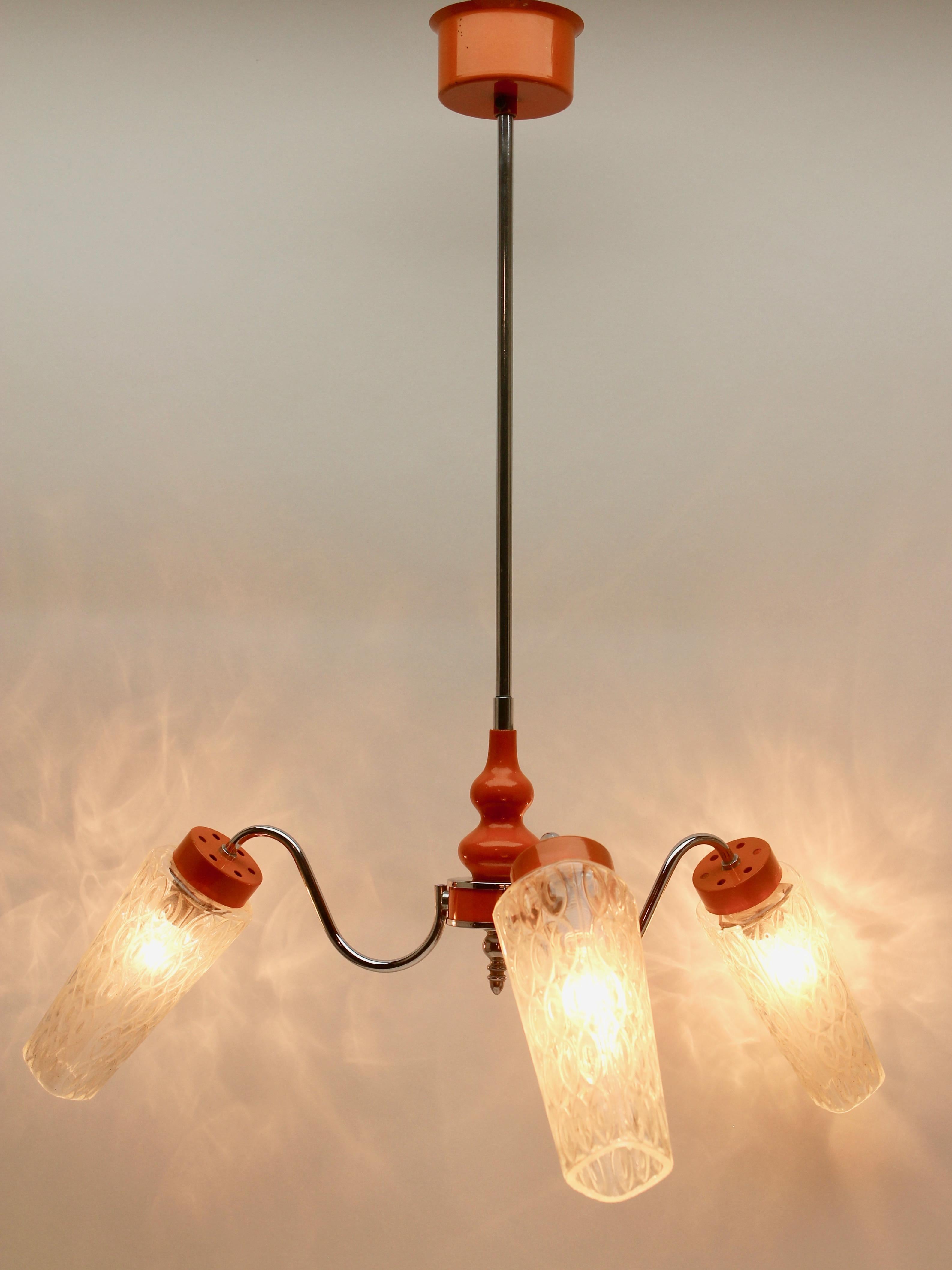 German 1960s 3-Arm Hanging Lamp, Tangerine, Chrome and Wood with Optical Lampcovers For Sale