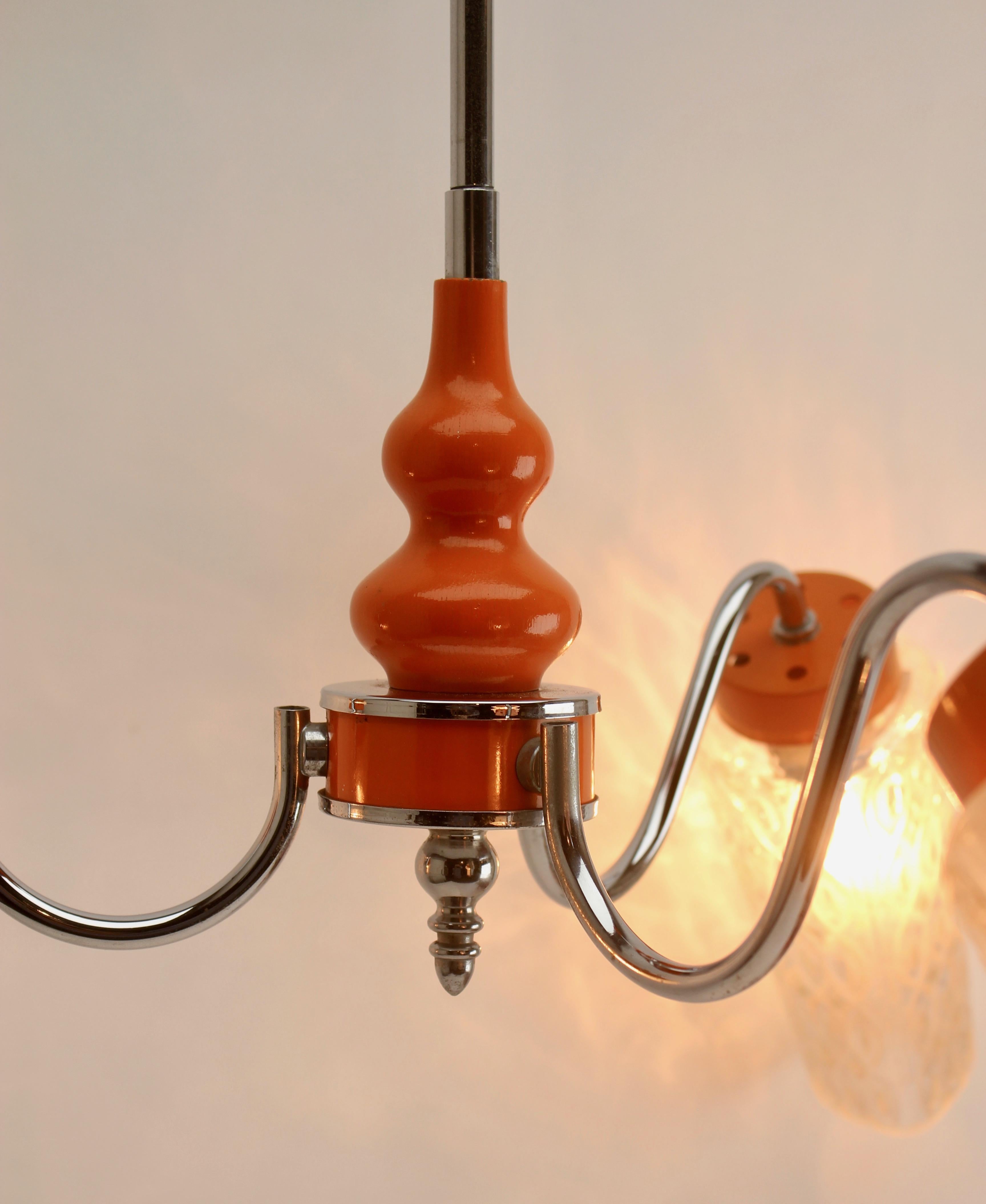 Mid-20th Century 1960s 3-Arm Hanging Lamp, Tangerine, Chrome and Wood with Optical Lampcovers For Sale