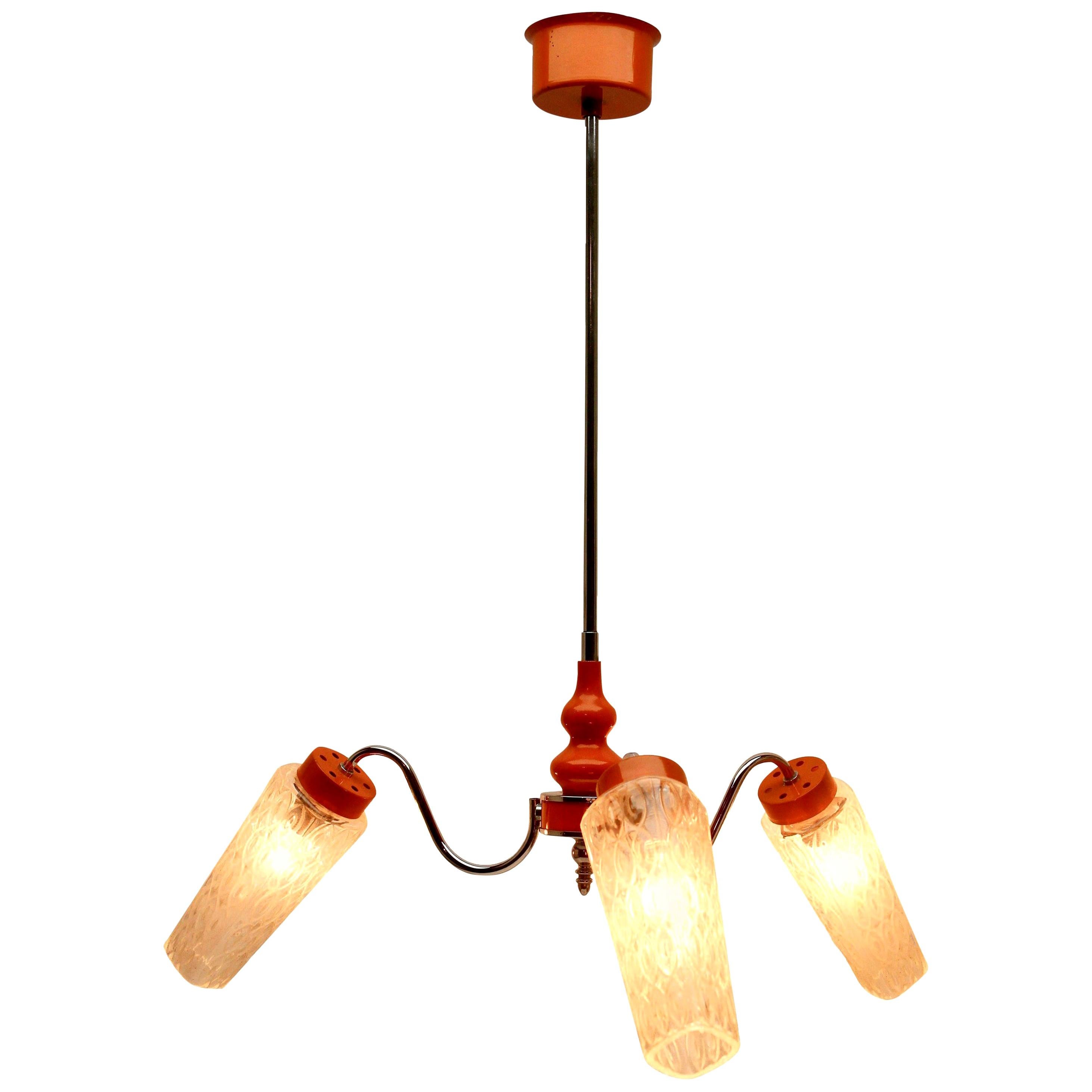 1960s 3-Arm Hanging Lamp, Tangerine, Chrome and Wood with Optical Lampcovers For Sale