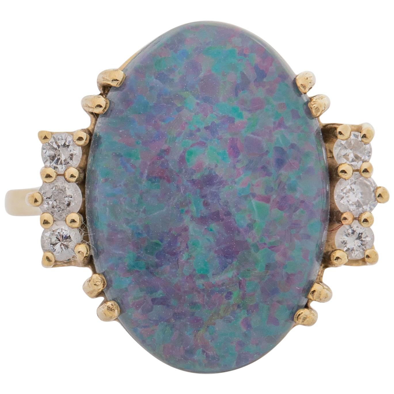 1960s 3 Carat Australian Opal and Diamond Ring, 10 Karat Gold