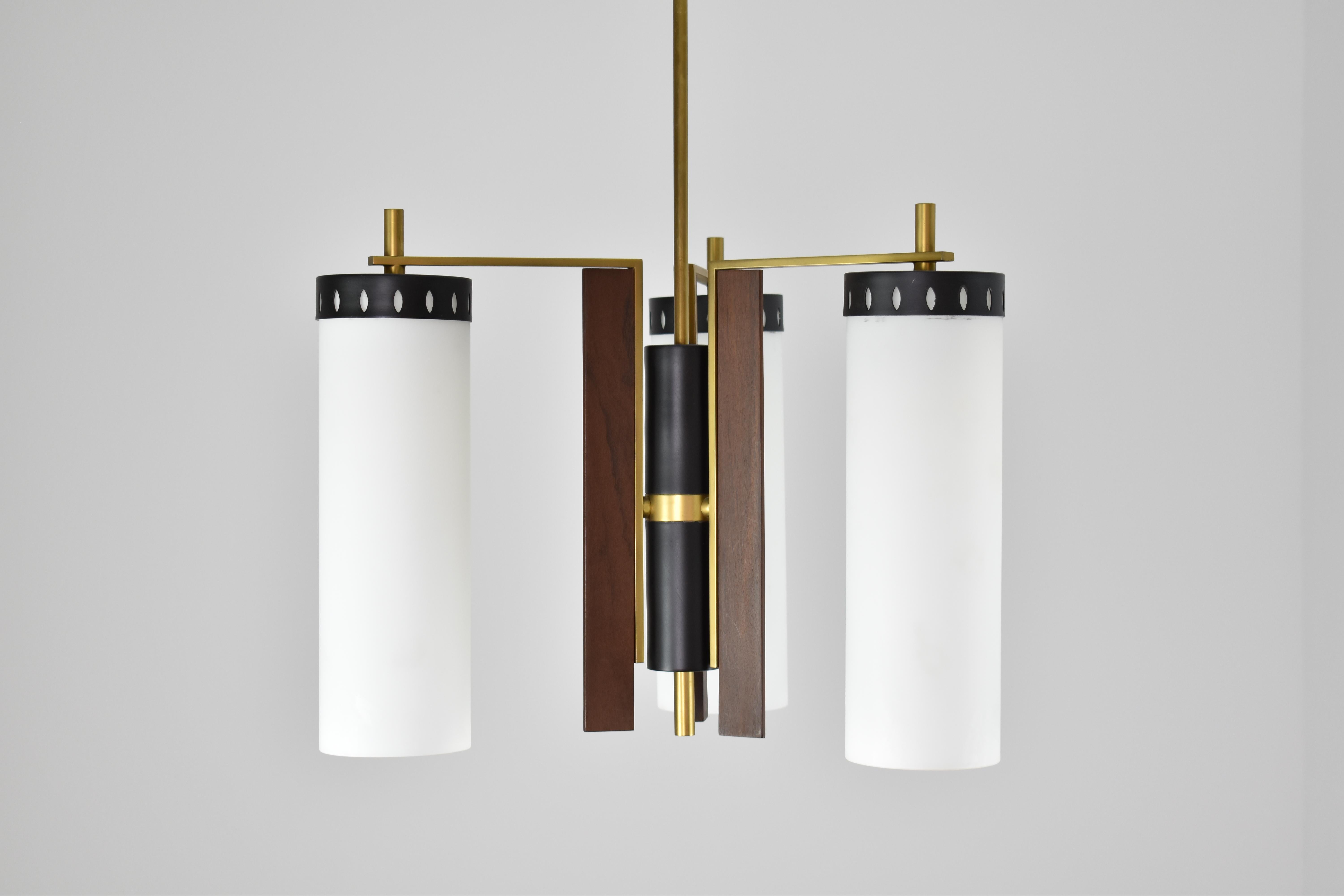 Mid-Century Modern 1960's 3 Light Glass and Wood Pendant Attributed to Stilnovo For Sale