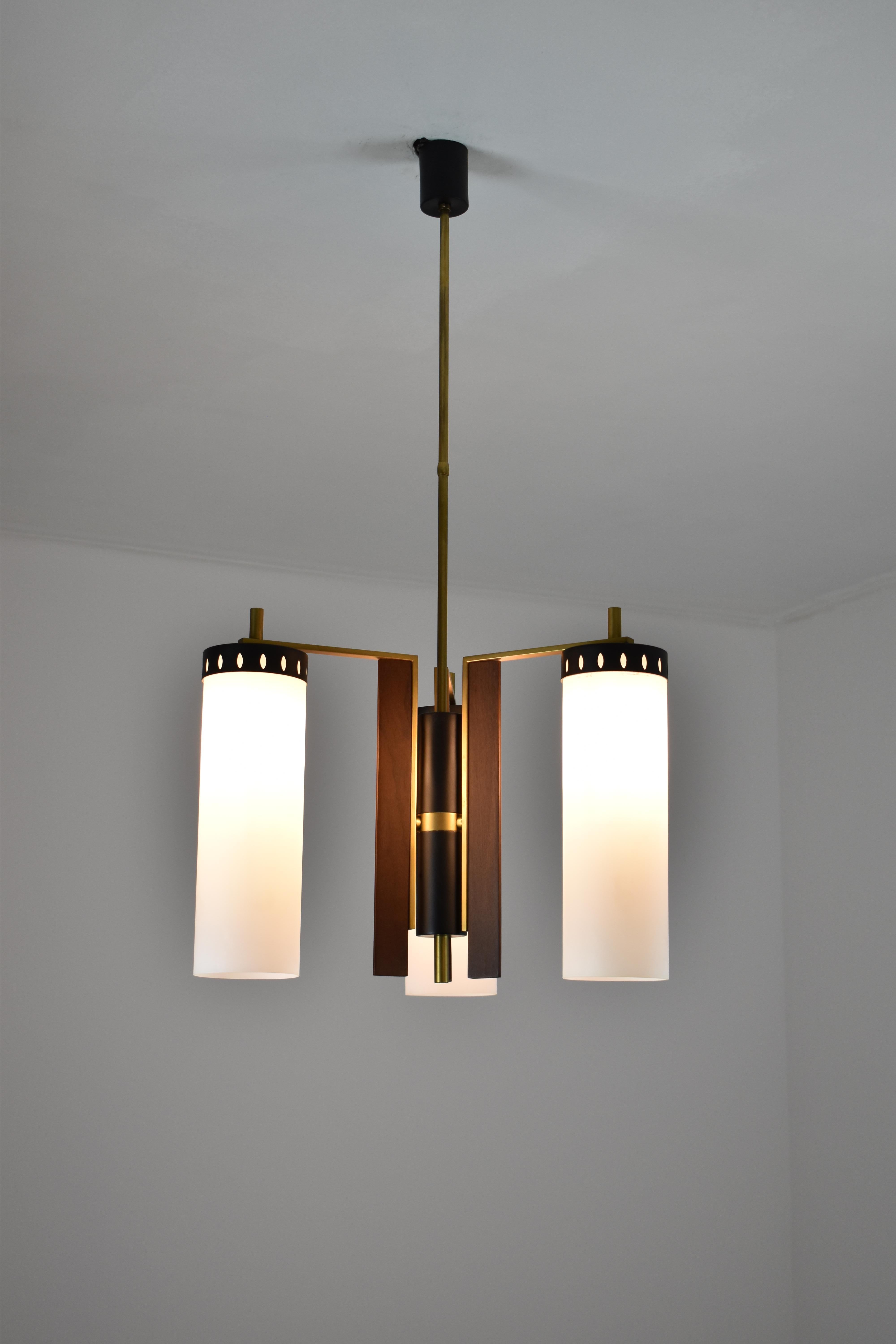 Brass 1960's 3 Light Glass and Wood Pendant Attributed to Stilnovo For Sale
