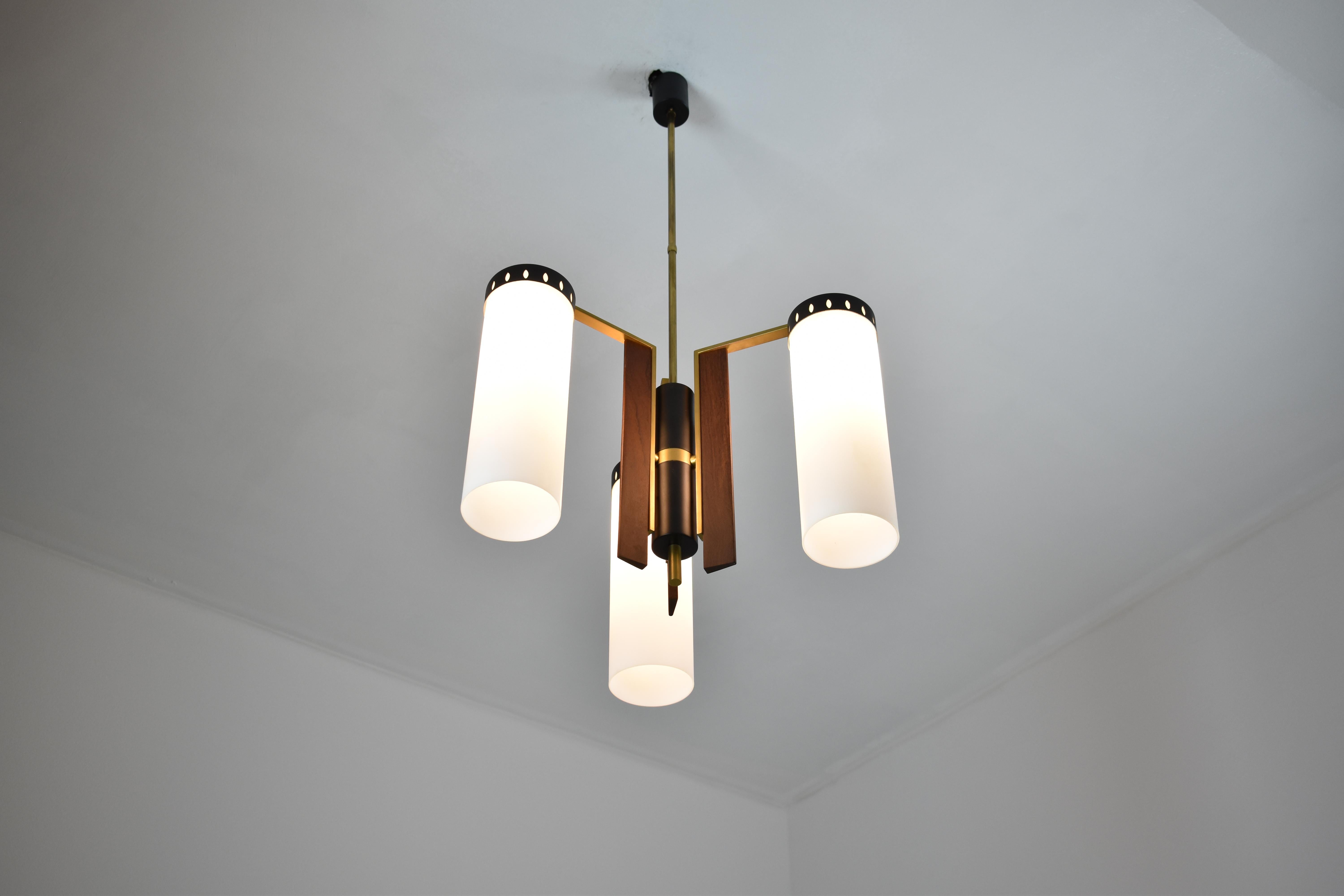 1960's 3 Light Glass and Wood Pendant Attributed to Stilnovo For Sale 1