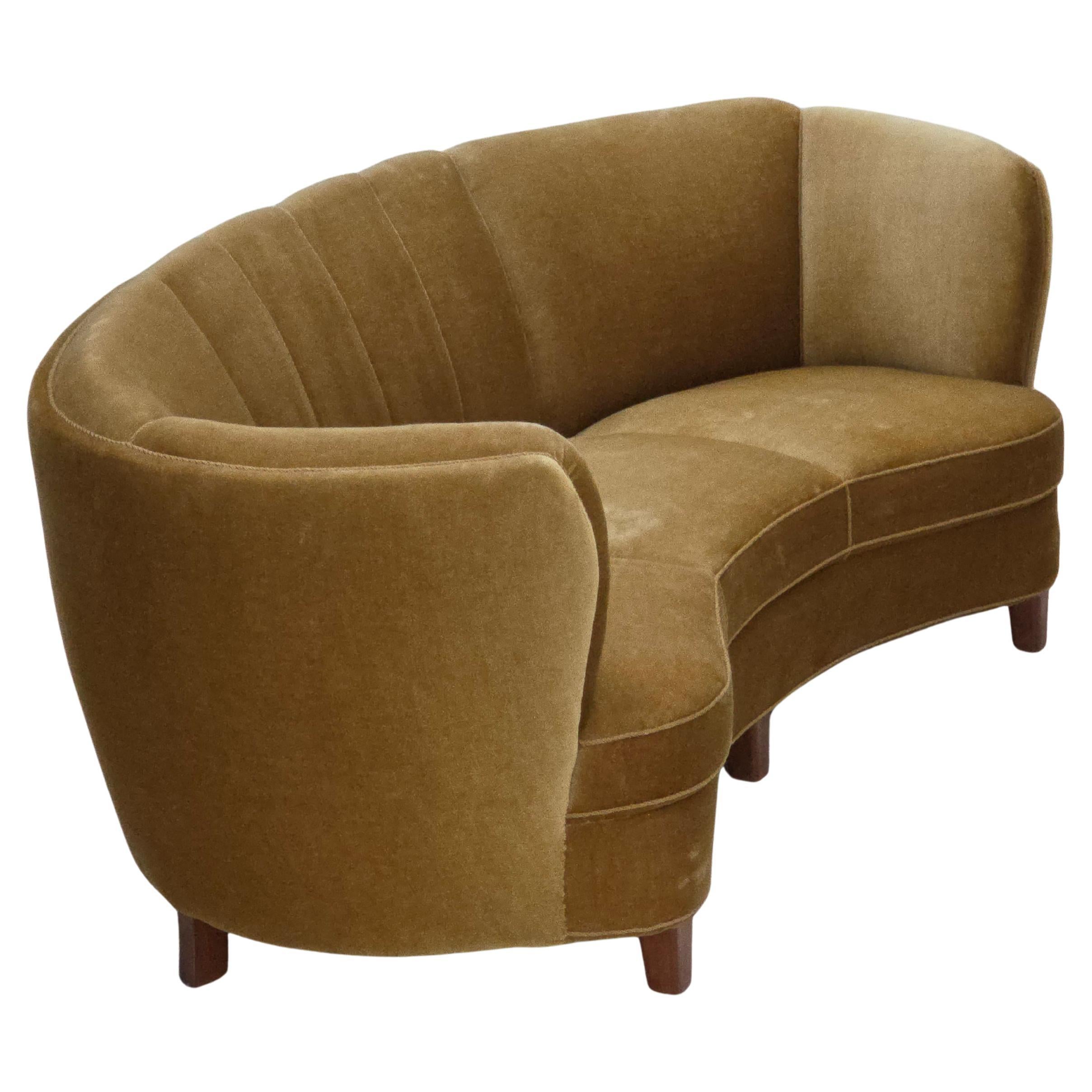 1960s, 3-seater Danish "Banana" sofa, original olive/green furniture velour.