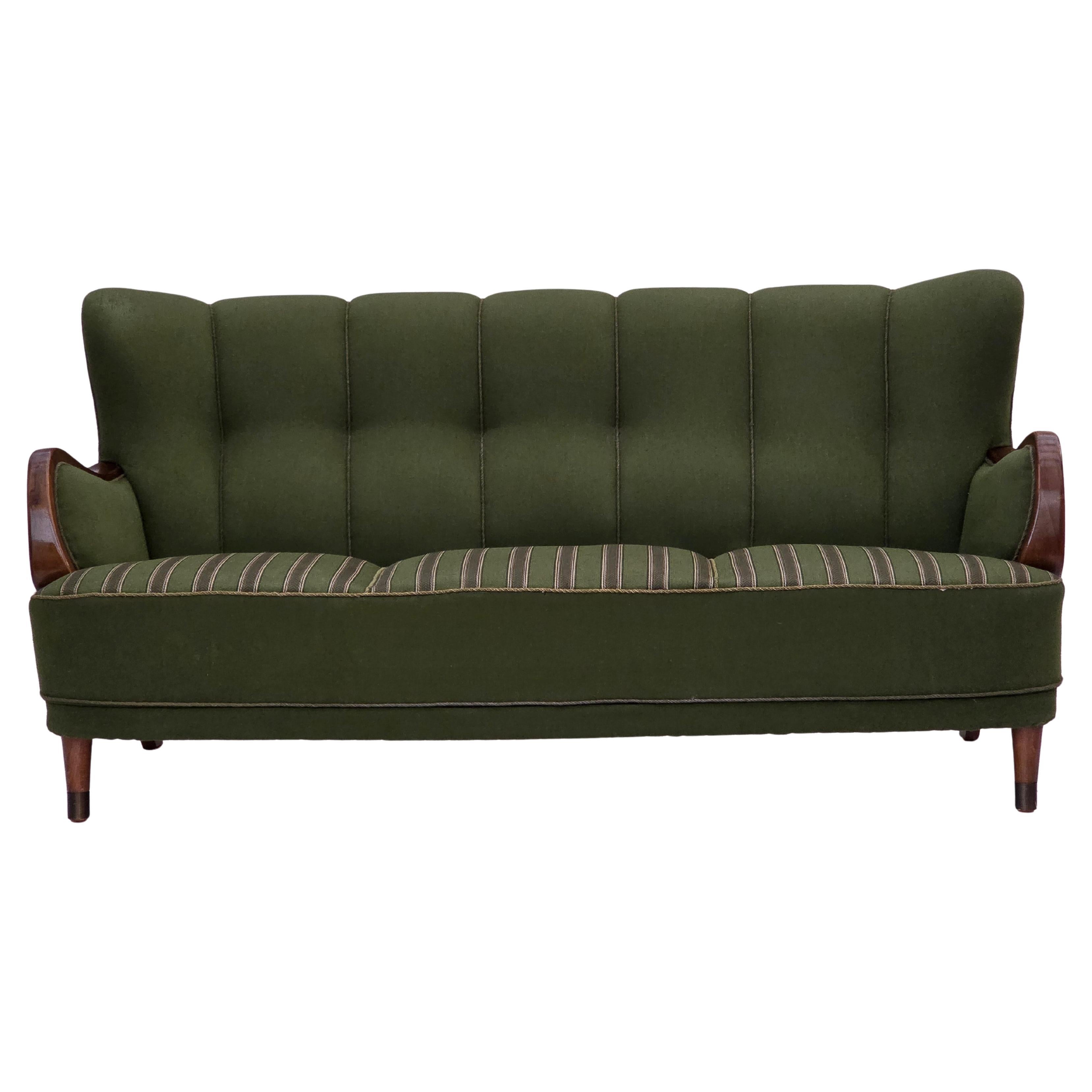 1960s, 3-seater Danish sofa, green furniture wool fabric, beech wood.