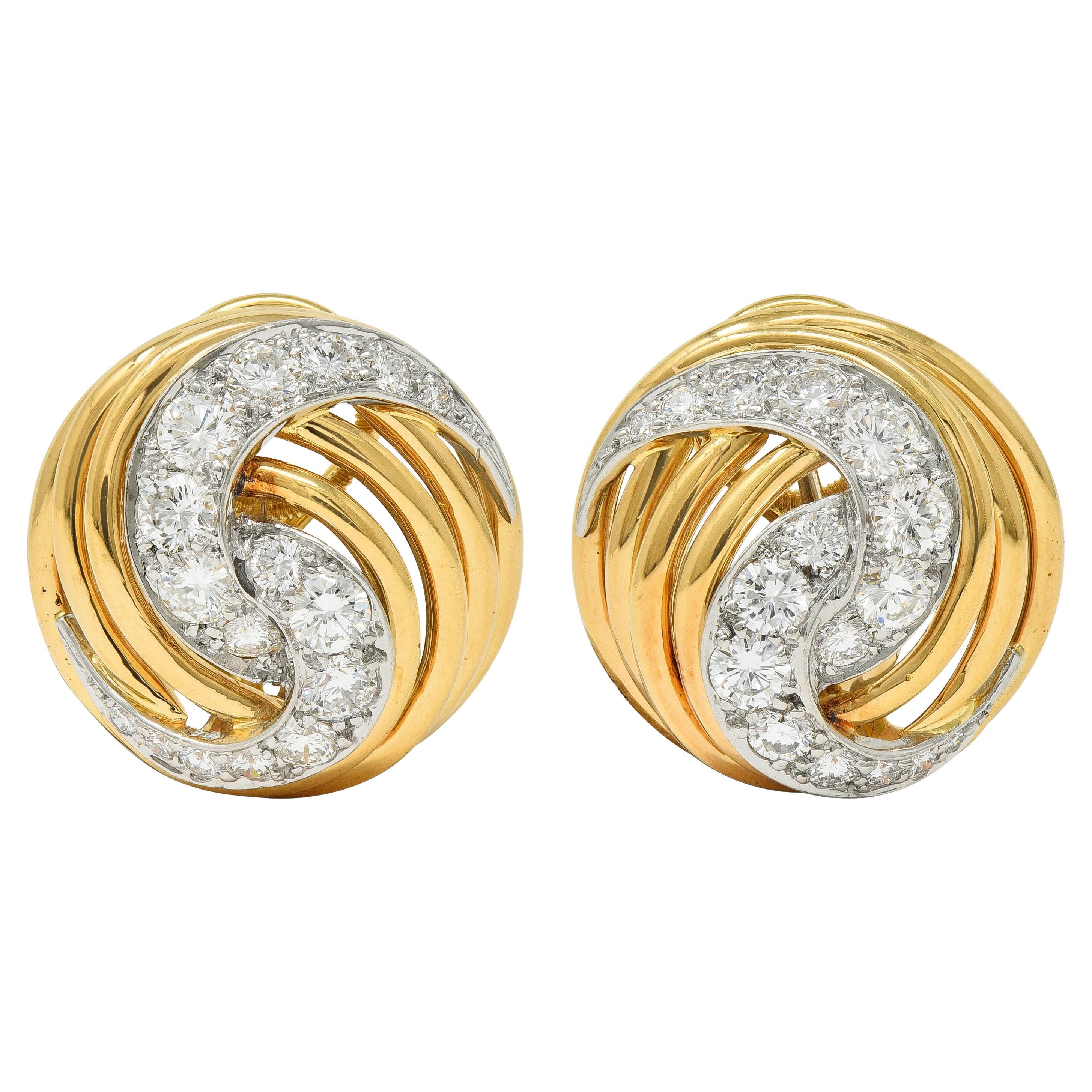 1960's 3.00 CTW Diamond Platinum 18K Gold Domed Swirl Vintage Ear-Clip Earrings