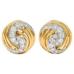1960's 3.00 CTW Diamond Platinum 18K Gold Domed Swirl Vintage Ear-Clip Earrings