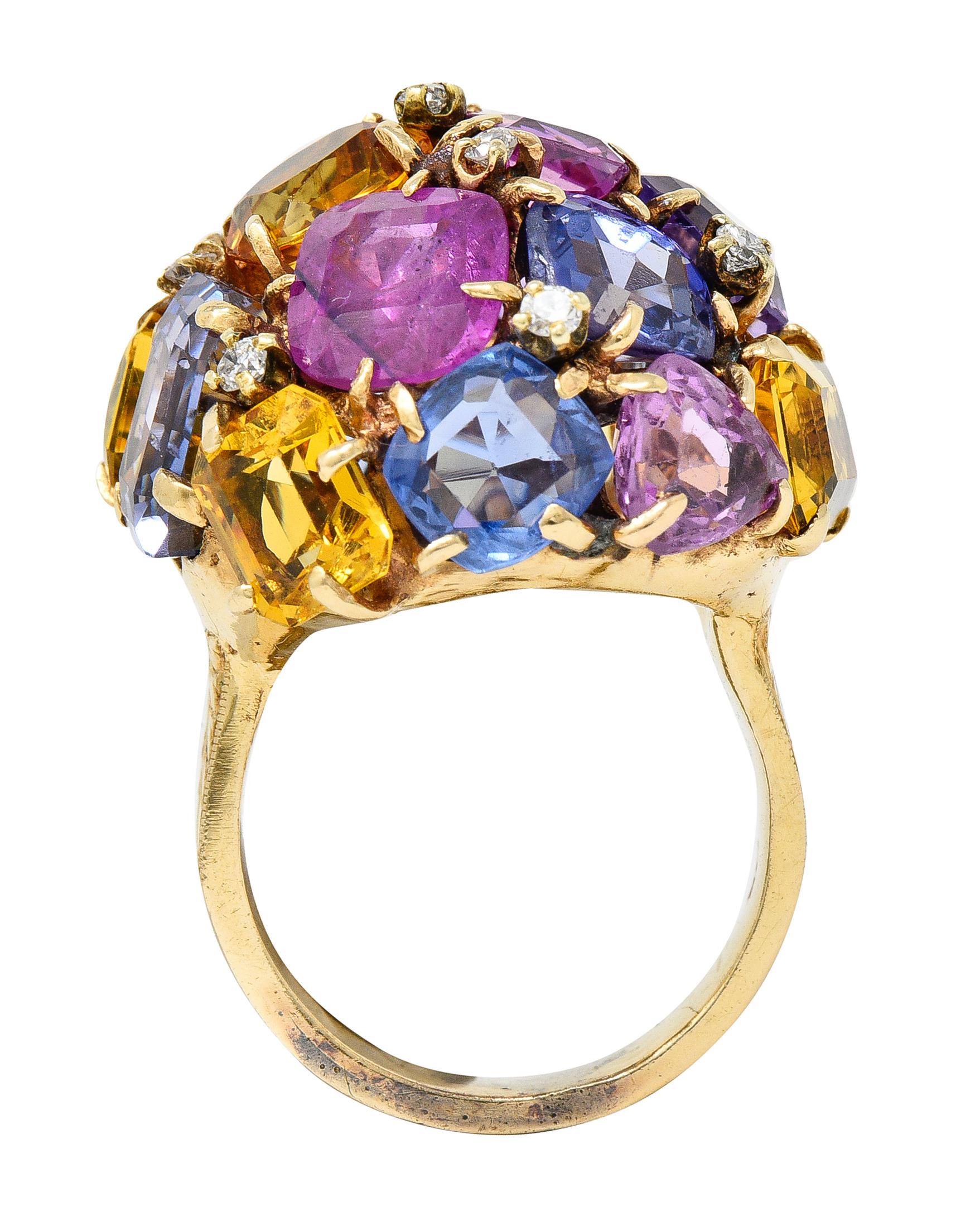 1960's 30.86 CTW Sapphire Diamond 14K Yellow Gold Dome Cluster Vintage Ring For Sale 5