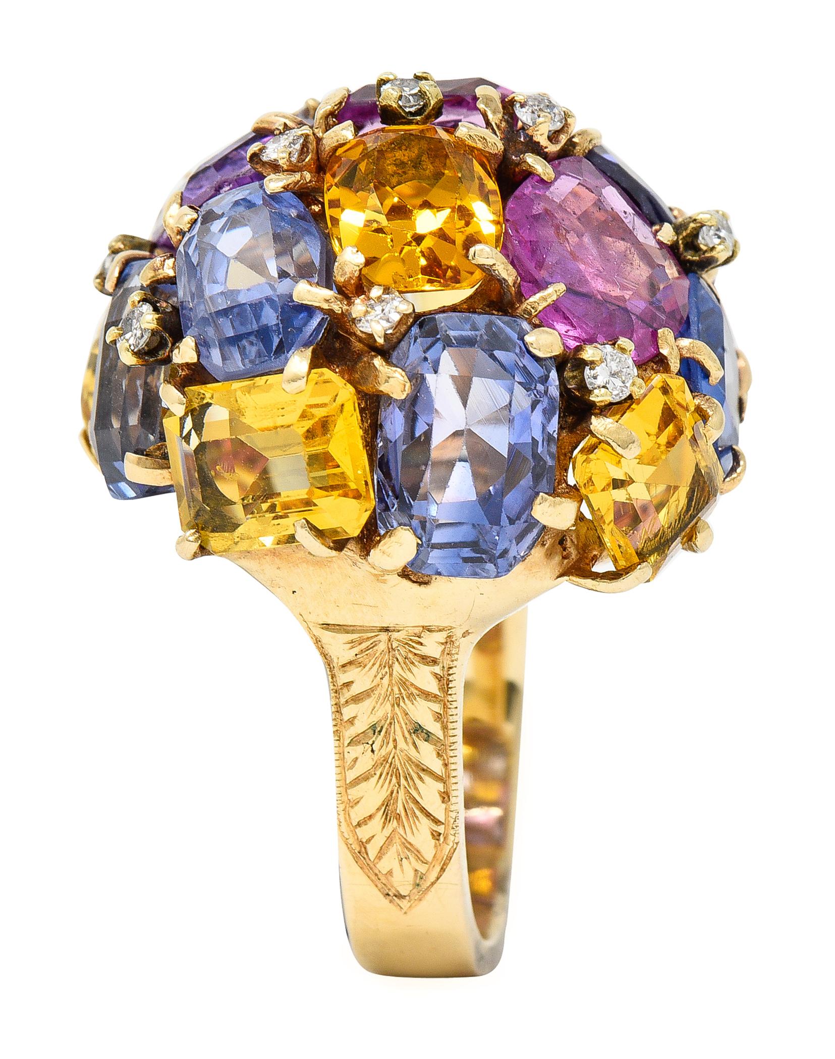 1960's 30.86 CTW Sapphire Diamond 14K Yellow Gold Dome Cluster Vintage Ring For Sale 6