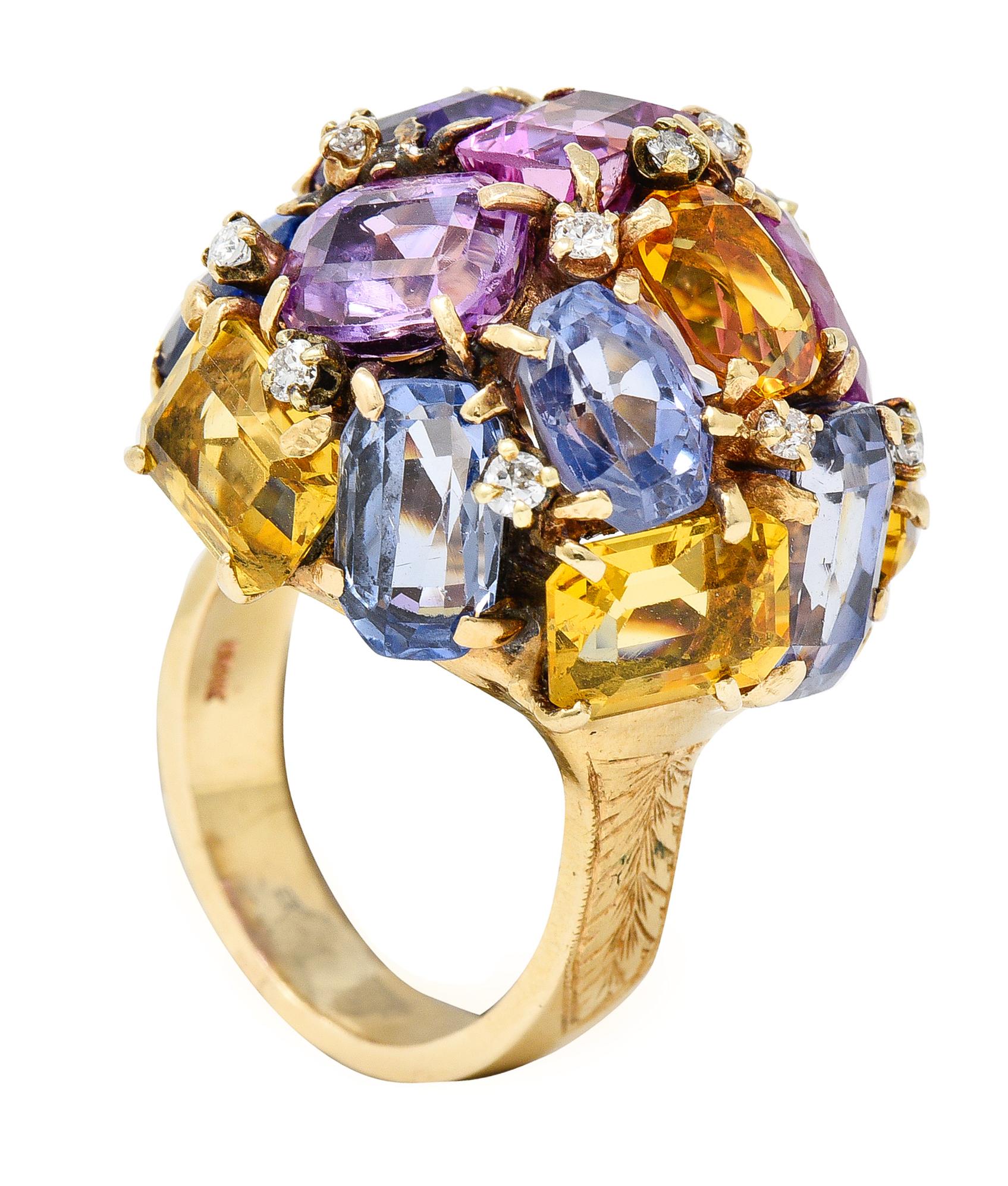1960's 30.86 CTW Sapphire Diamond 14K Yellow Gold Dome Cluster Vintage Ring For Sale 7