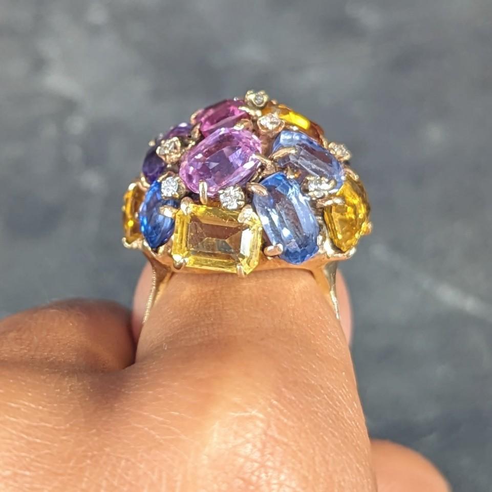 1960's 30.86 CTW Sapphire Diamond 14K Yellow Gold Dome Cluster Vintage Ring For Sale 9
