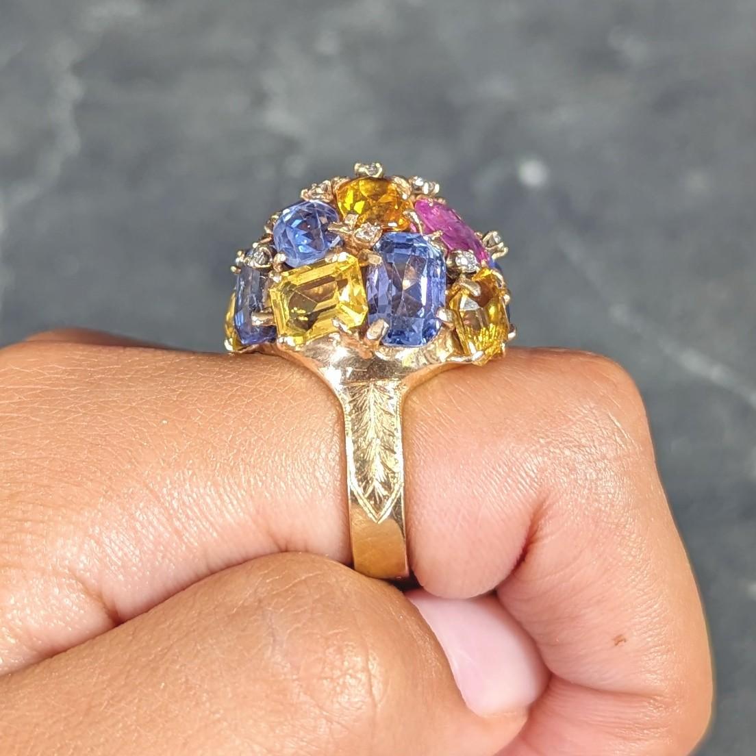 1960's 30.86 CTW Sapphire Diamond 14K Yellow Gold Dome Cluster Vintage Ring For Sale 10