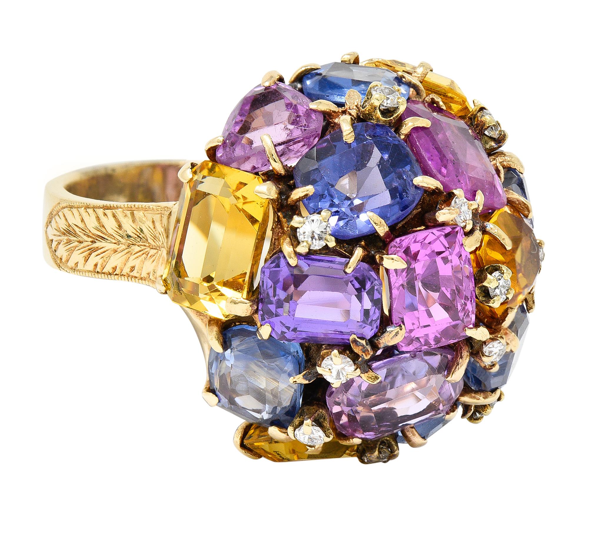 Designed as a domed gold form comprised of prong set sapphire, heliodor, and diamonds 
Cushion, emerald, oval, trillion, and single cut - ranging in size and shape 
Sapphires weigh approximately 20.65 carats total 
Transparent pink, purplish-pink,