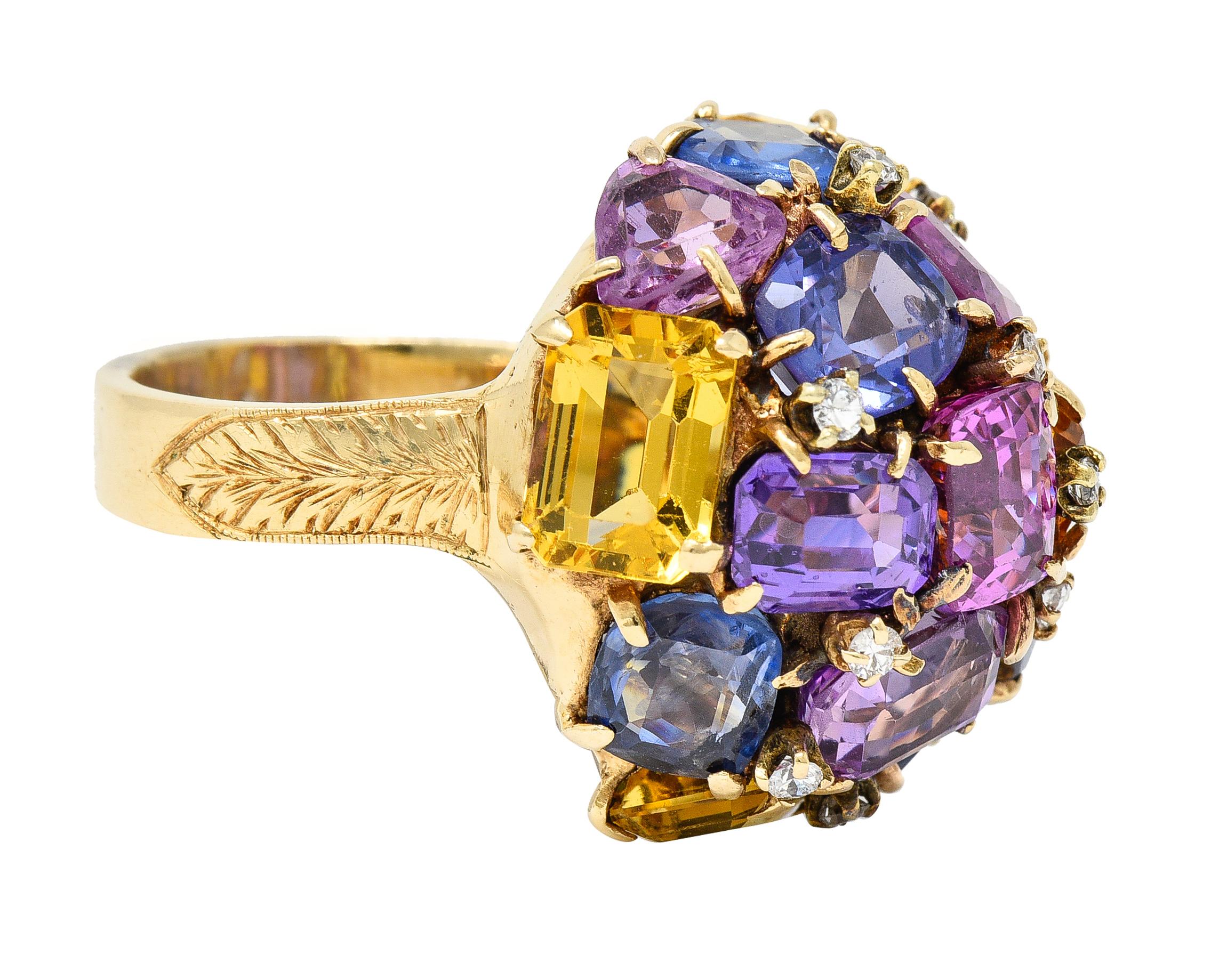 Modern 1960's 30.86 CTW Sapphire Diamond 14K Yellow Gold Dome Cluster Vintage Ring For Sale