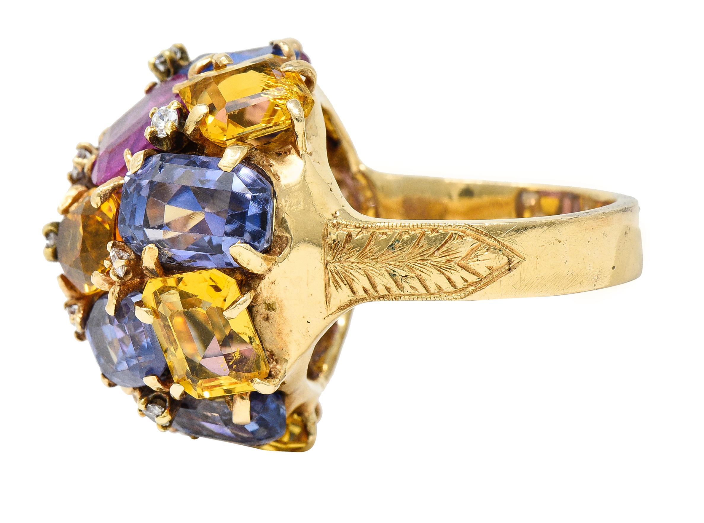1960's 30.86 CTW Sapphire Diamond 14K Yellow Gold Dome Cluster Vintage Ring In Excellent Condition For Sale In Philadelphia, PA