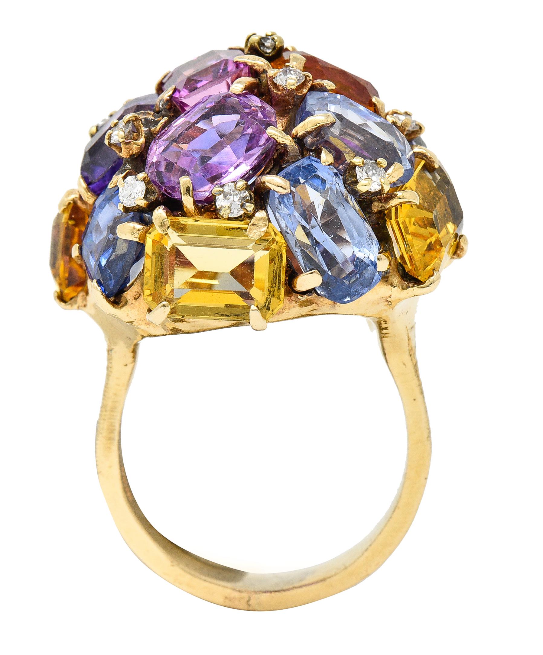 1960's 30.86 CTW Sapphire Diamond 14K Yellow Gold Dome Cluster Vintage Ring For Sale 3