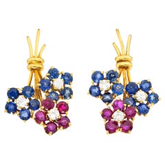 1960's 3.60 Carats Sapphire Ruby Diamond 14 Karat Yellow Gold Flower Earrings