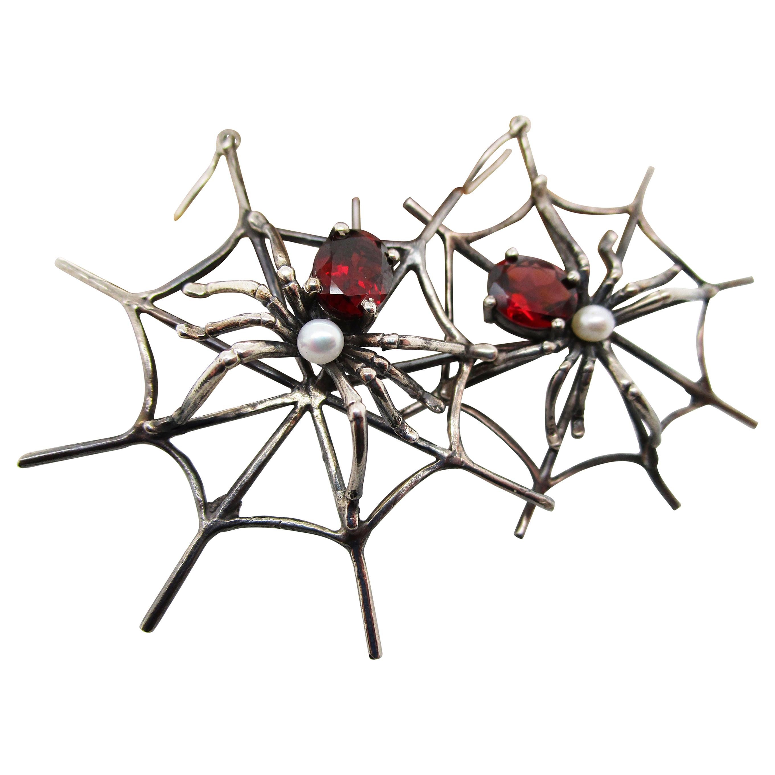 1960s 4 Carat Red Garnet Sterling Silver Handmade Spider Dangle ...