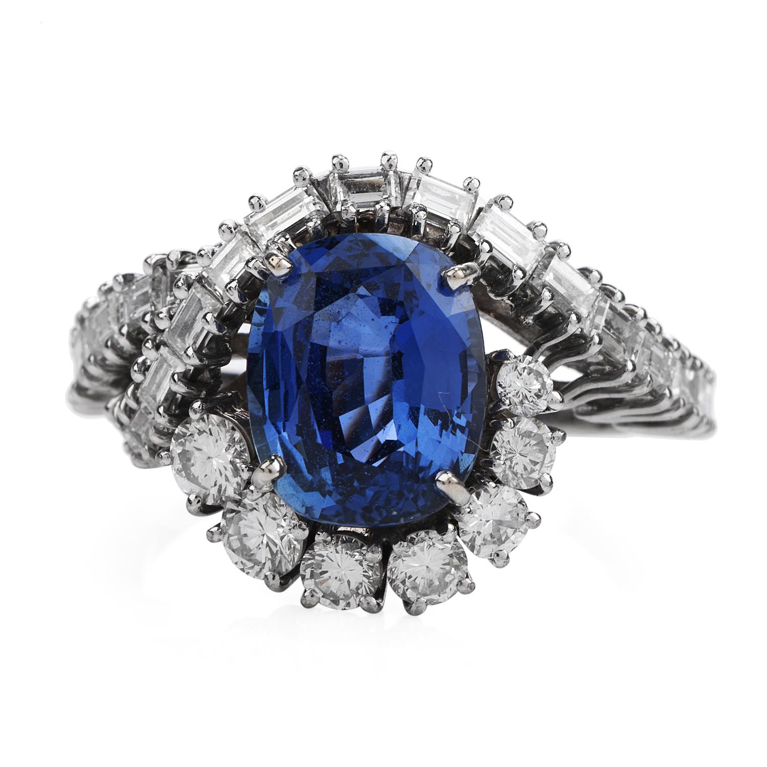 A  Bypass Ring with a Retro Inspired look, that is

is perfect for showing love for the Vintage style!

This Cocktail Engagement Ring is crafted in solid 18K White Gold.

Featuring in the center one Cushion Cut, Genuine Natural Ceylon Blue Sapphire