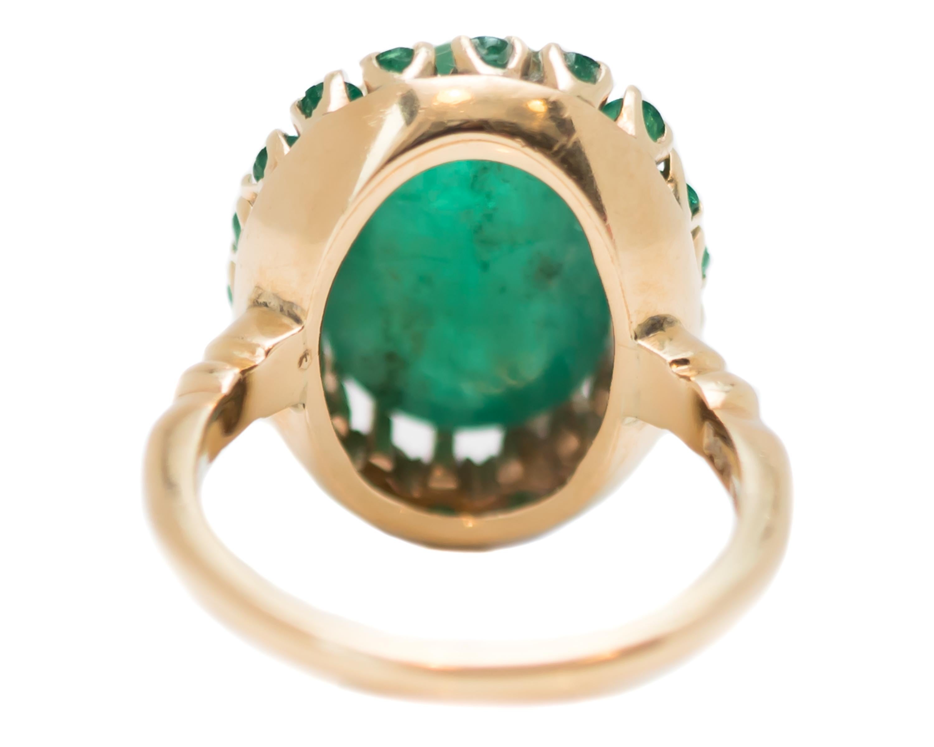 Retro 1960s 5 Carat Total Emerald Cabochon with Halo Ring in 14 Karat Yellow Gold