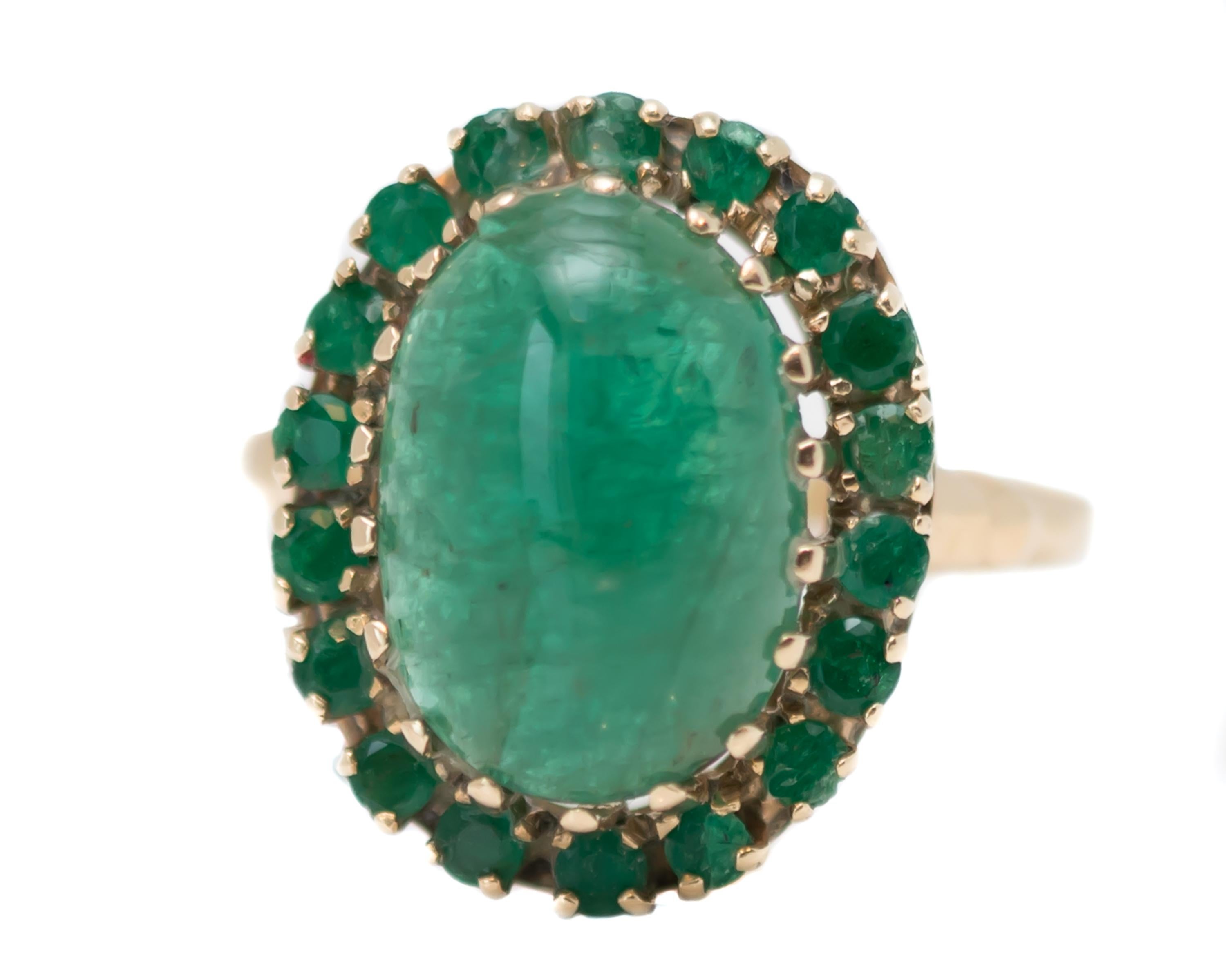 Oval Cut 1960s 5 Carat Total Emerald Cabochon with Halo Ring in 14 Karat Yellow Gold