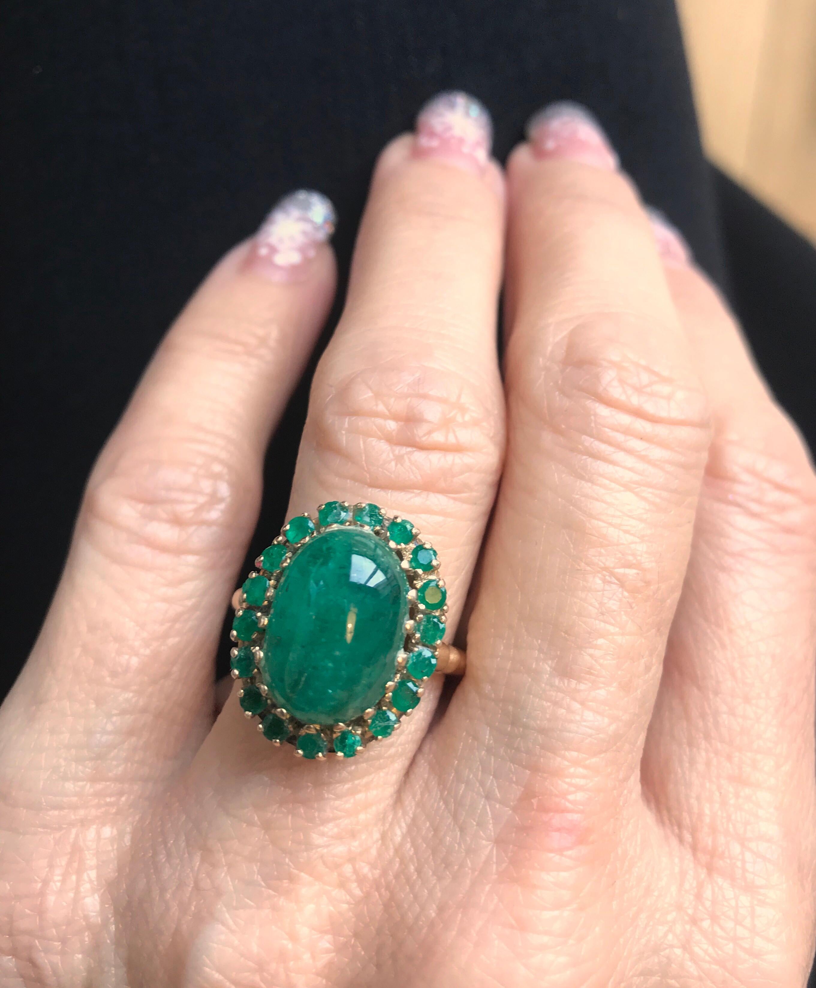 1960s 5 Carat Total Emerald Cabochon with Halo Ring in 14 Karat Yellow Gold 1