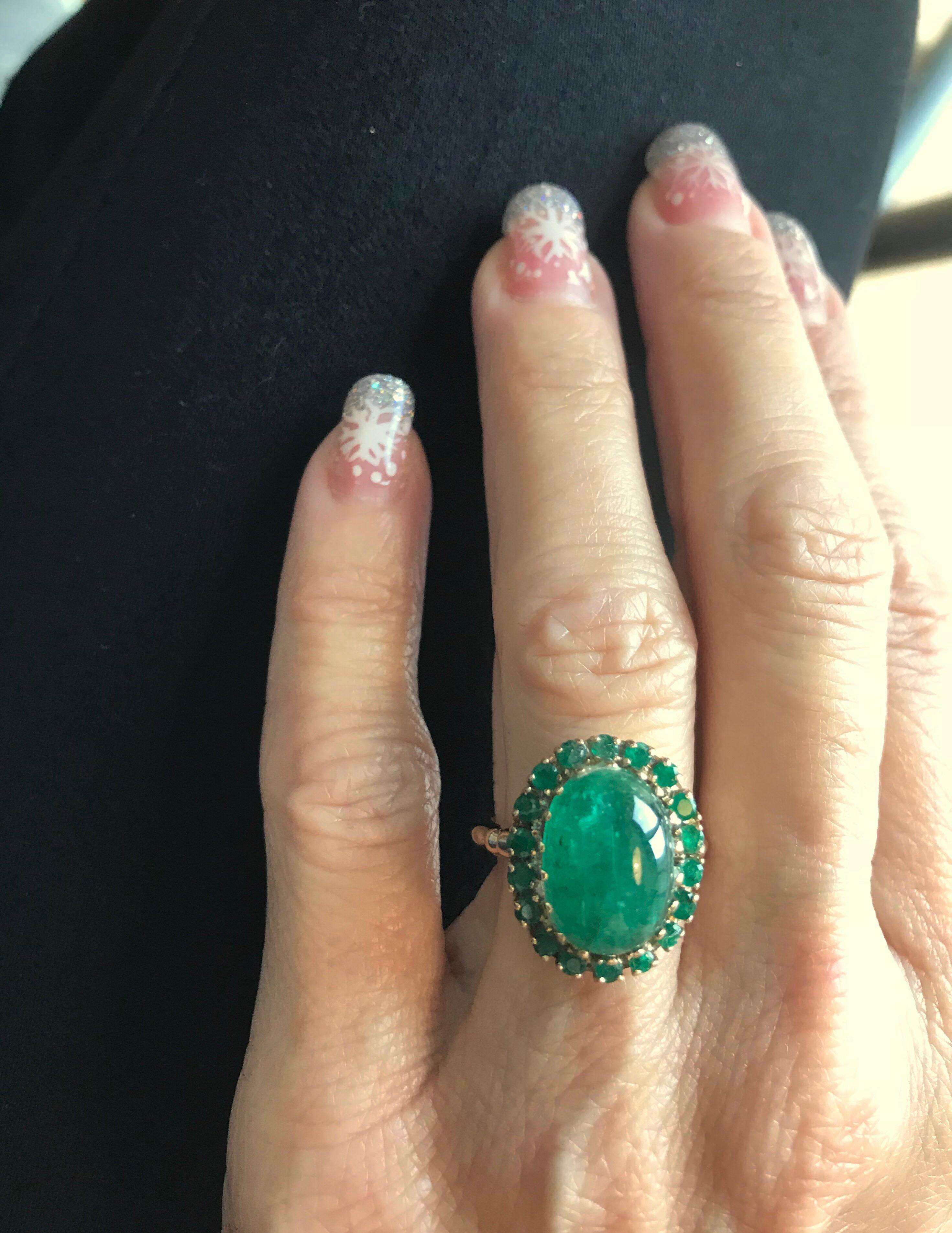 1960s 5 Carat Total Emerald Cabochon with Halo Ring in 14 Karat Yellow Gold 2