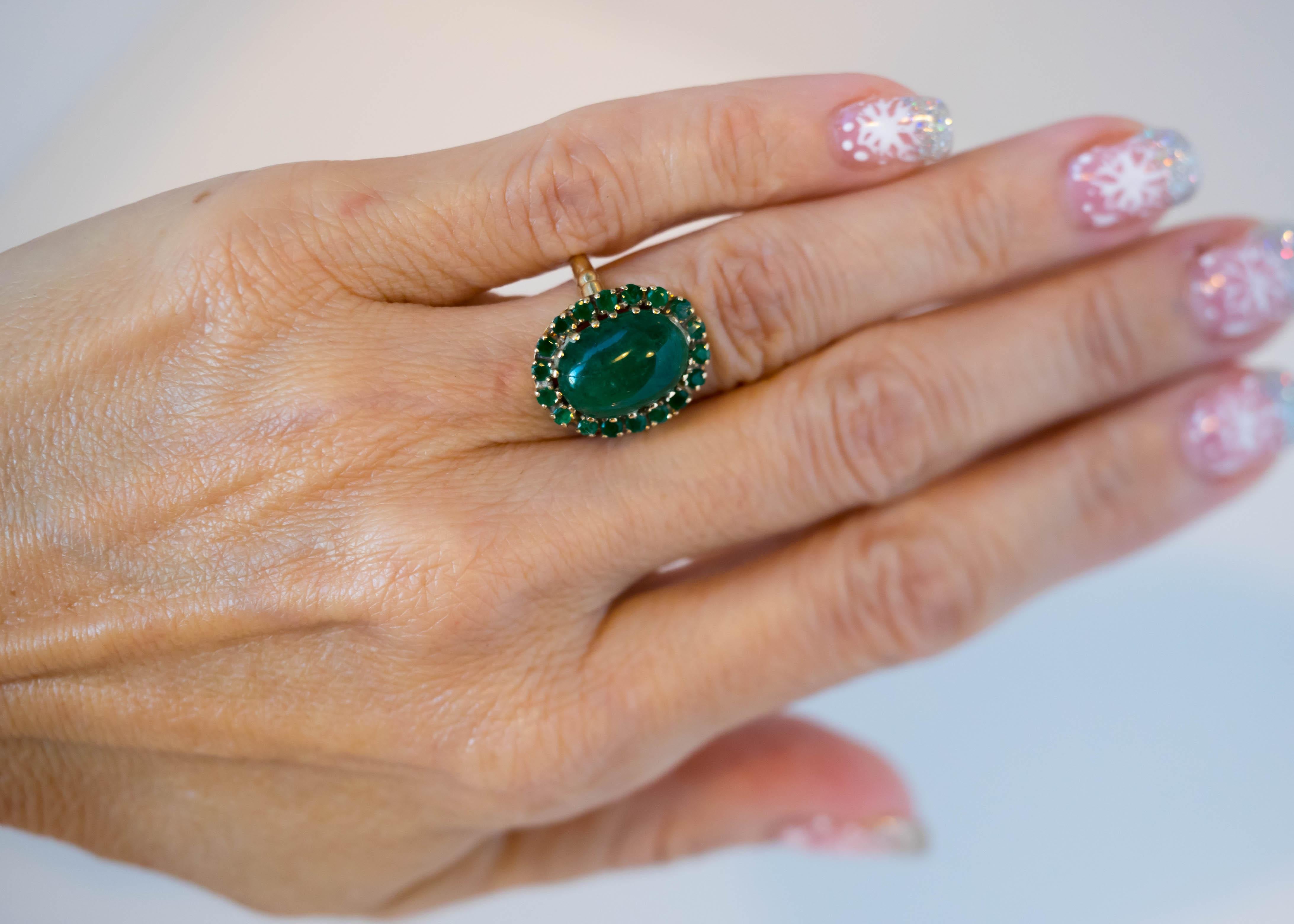1960s 5 Carat Total Emerald Cabochon with Halo Ring in 14 Karat Yellow Gold 3