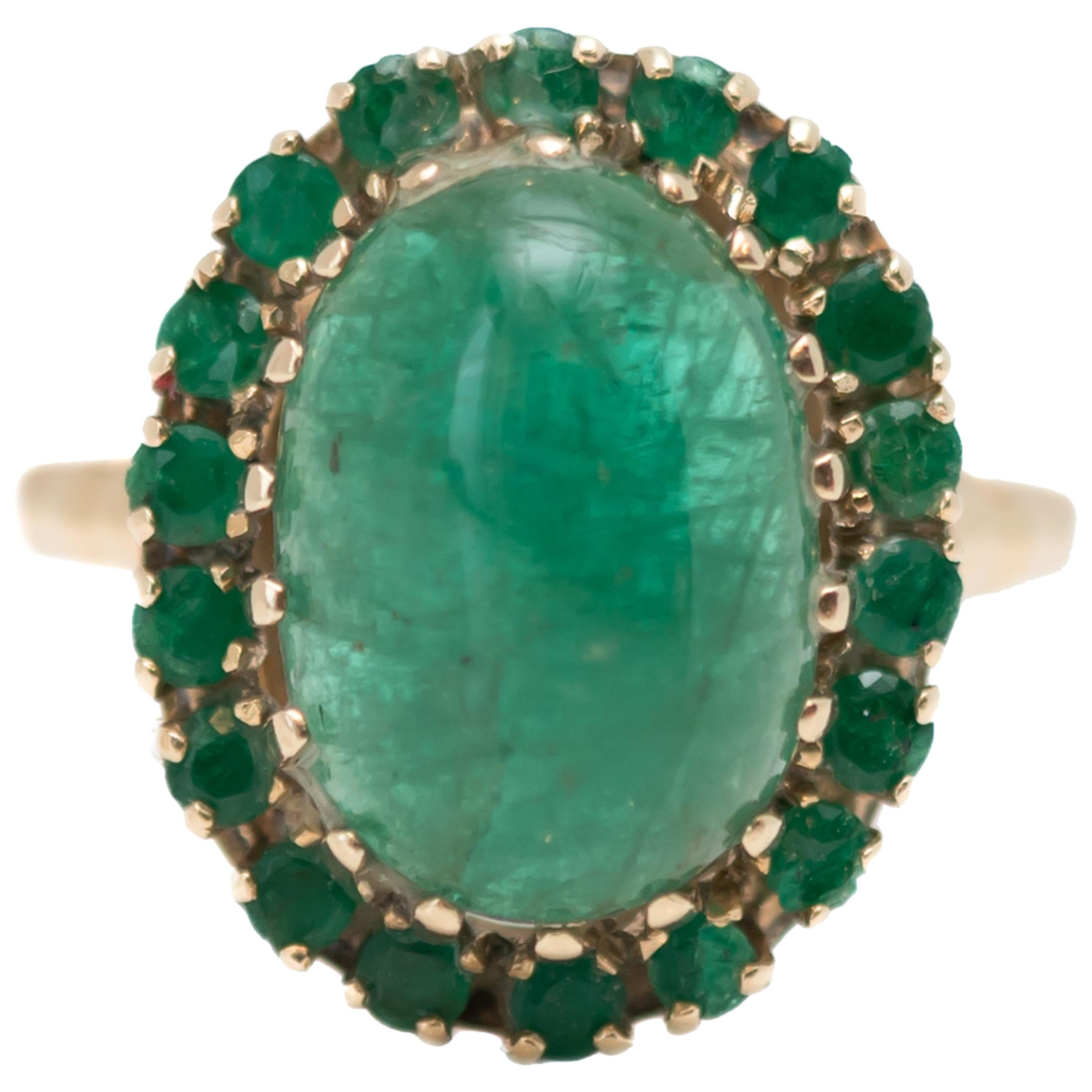 1960s 5 Carat Total Emerald Cabochon with Halo Ring in 14 Karat Yellow Gold