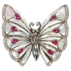 1980s 6Cts 18kt Mosaic Style Mother of Pearl Diamond Sapphire Butterfly Brooch