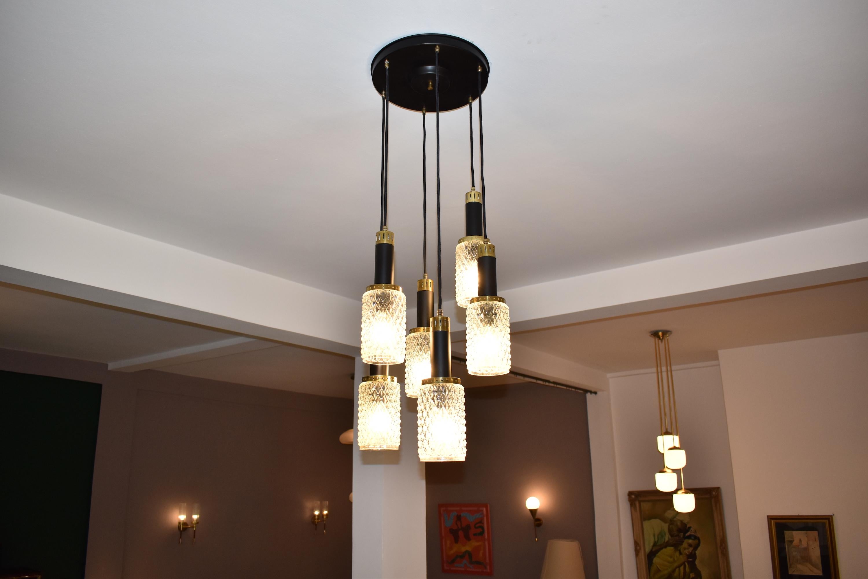 1960's 6 Light Glass Pendant by Stilnovo  In Good Condition For Sale In Paris, FR