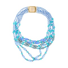 1960s 6-Strand Blue Beaded Glass Necklace with Gold Clasp